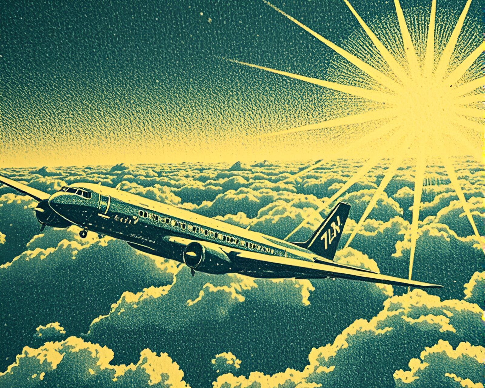 Abstract linocut airplane design glowing with solar light
