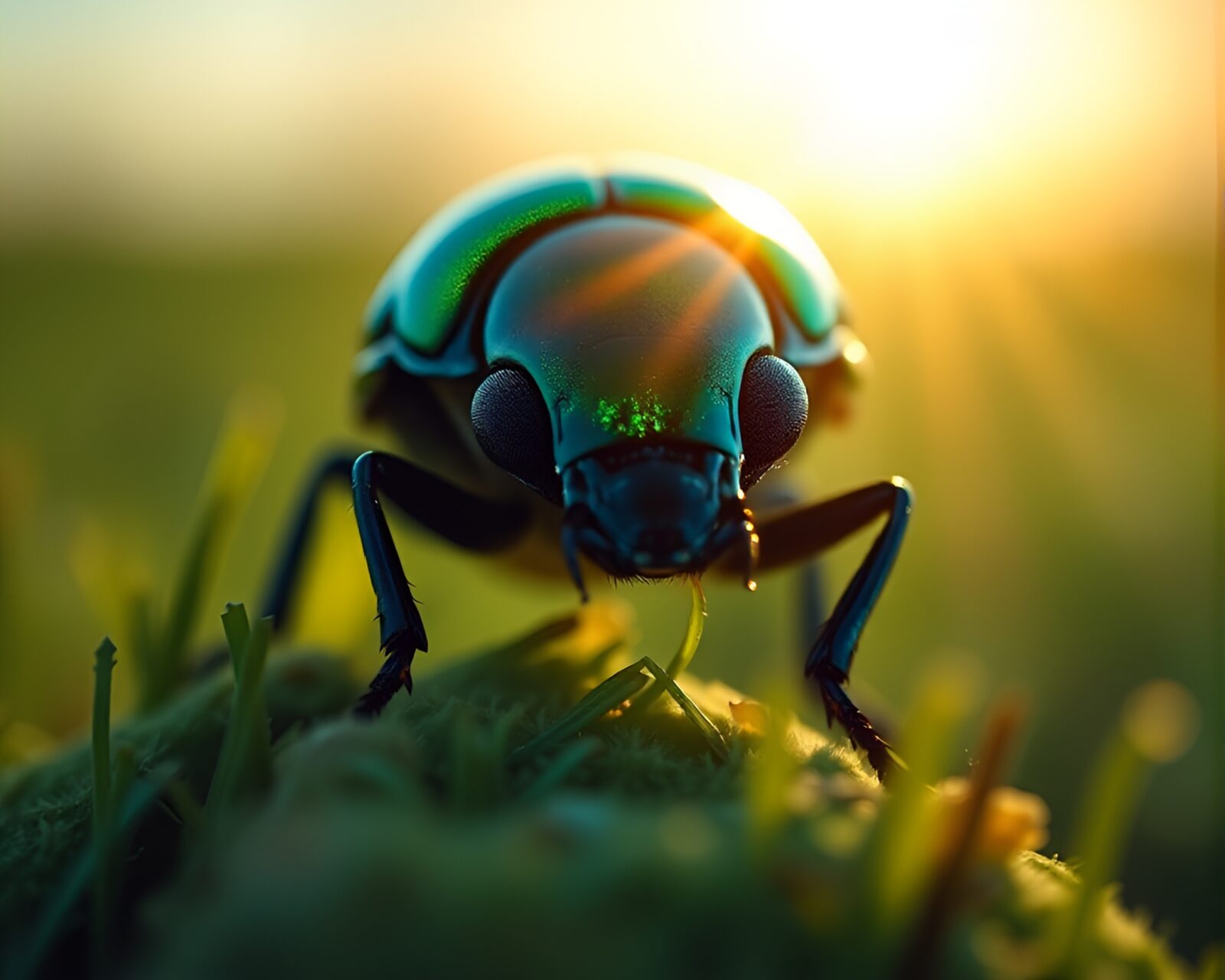 Colorful beetle with sunburst lens effect in green field