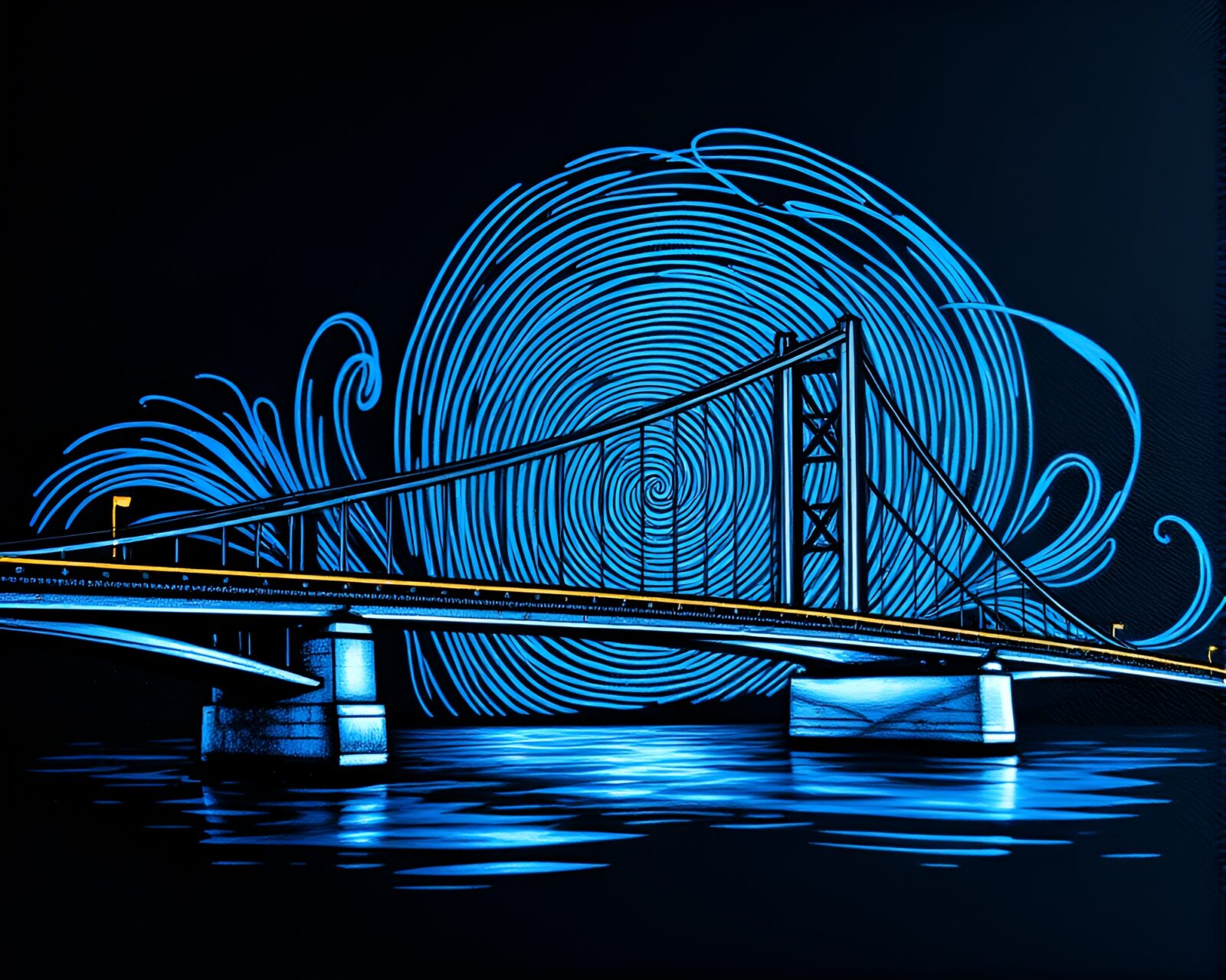 A stunning glass bridge with swirling fingerprint patterns and steel-blue tattoo art