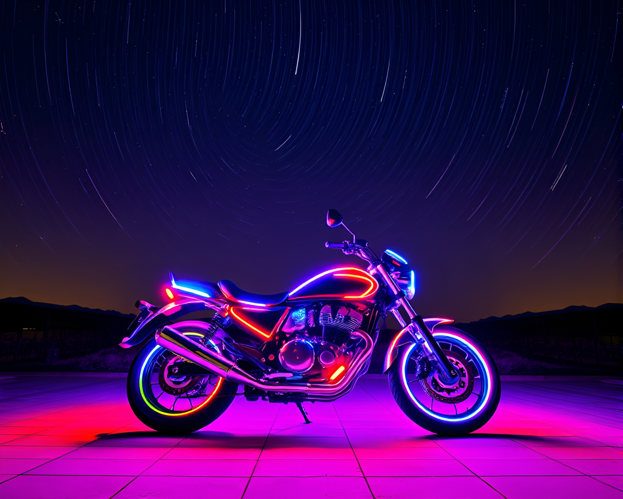 Neon Motorcycle Under Milky Way Swirl – free AI stock image