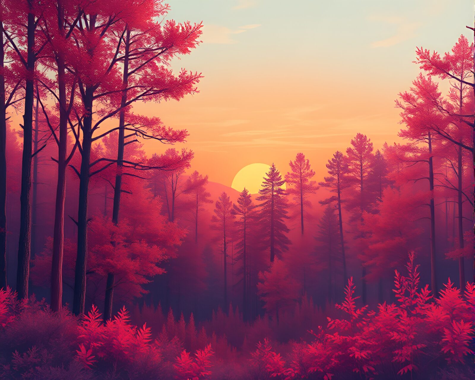 3D rendered autumn forest scene at sunset with paper textures