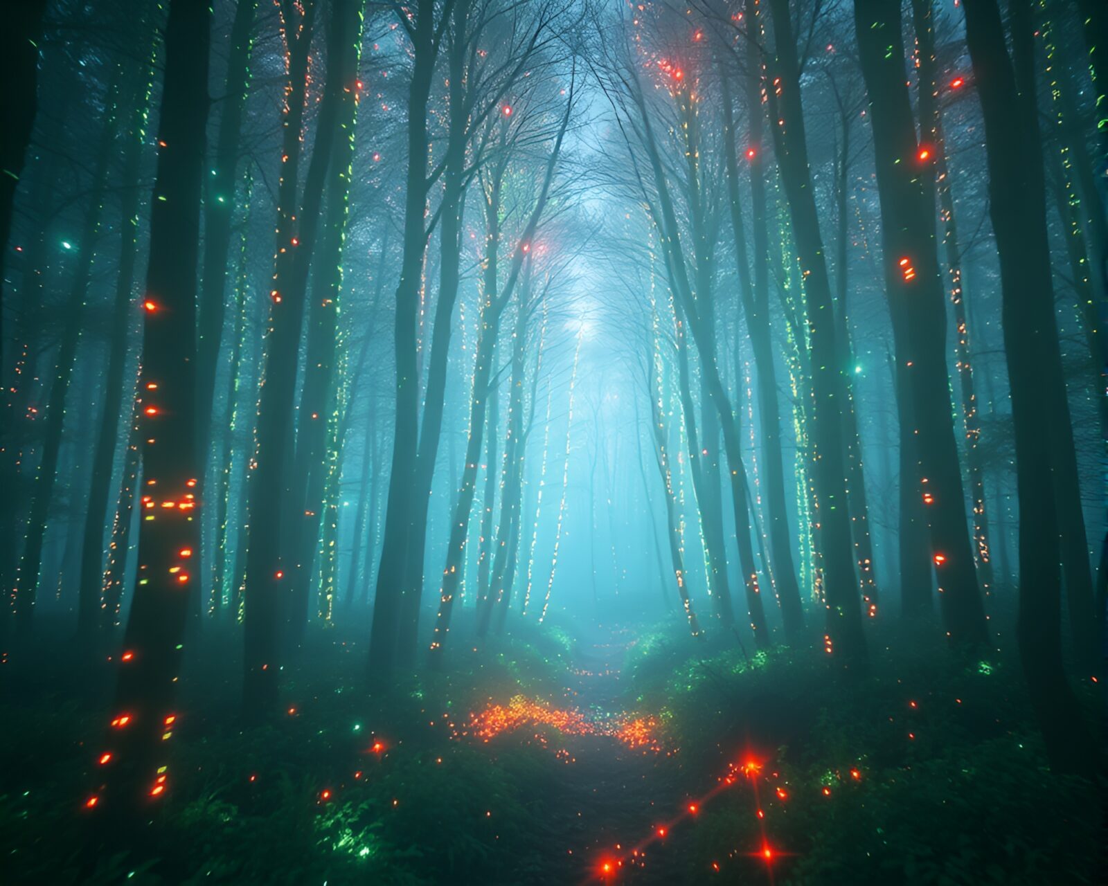 A stunning high-key lit forest with glowing futuristic elements