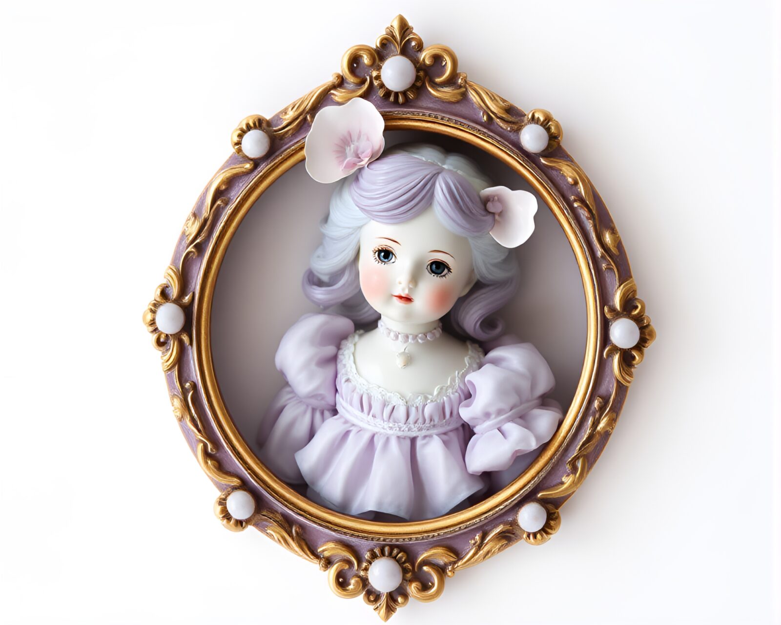 An ethereal porcelain doll surrounded by a circular amethyst glow.