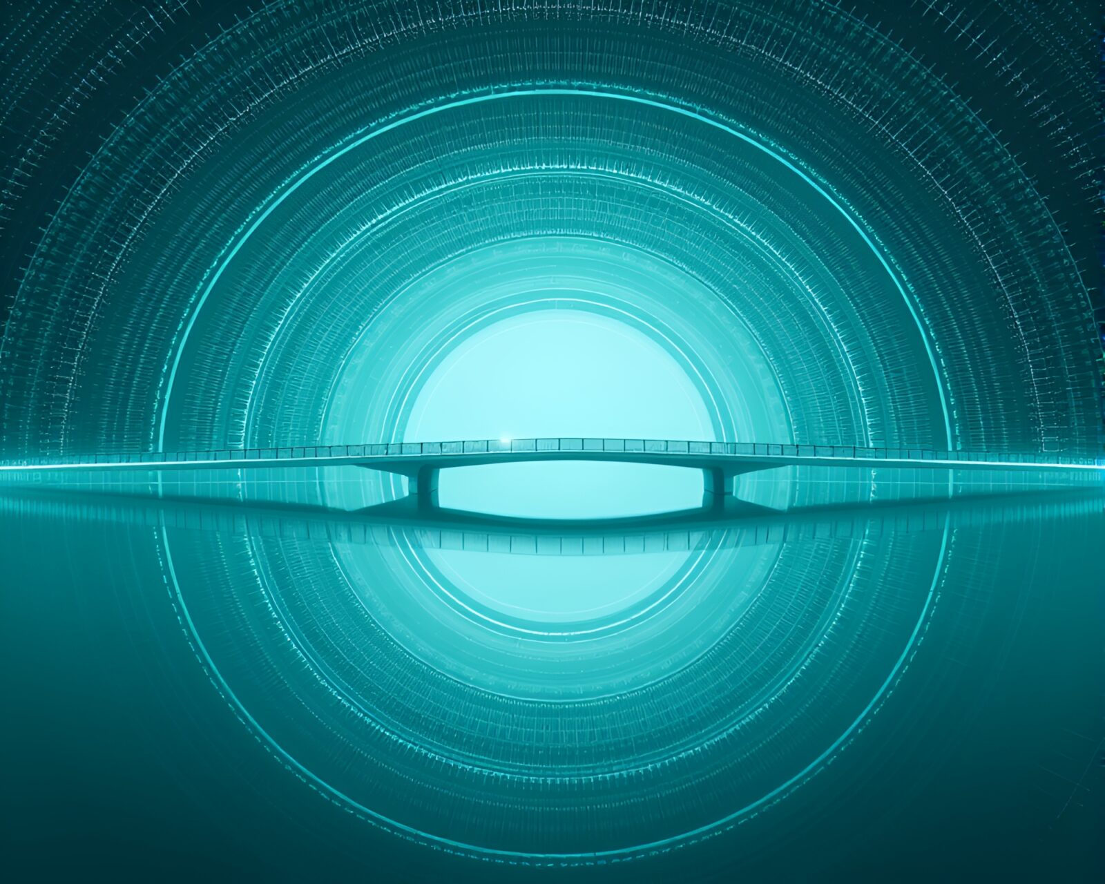 Abstract art of concentric circles with turquoise bridges, serene atmosphere