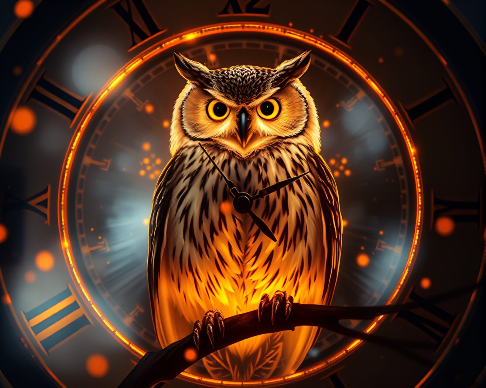 Glowing clockwork owl in hologram style artwork