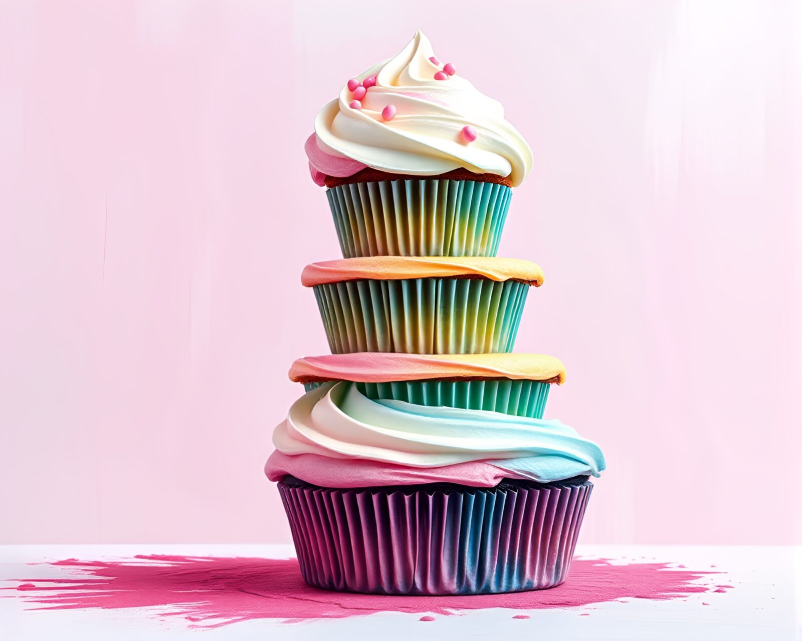 Whimsical cupcake tower in soft pastel colors with textured paint accents