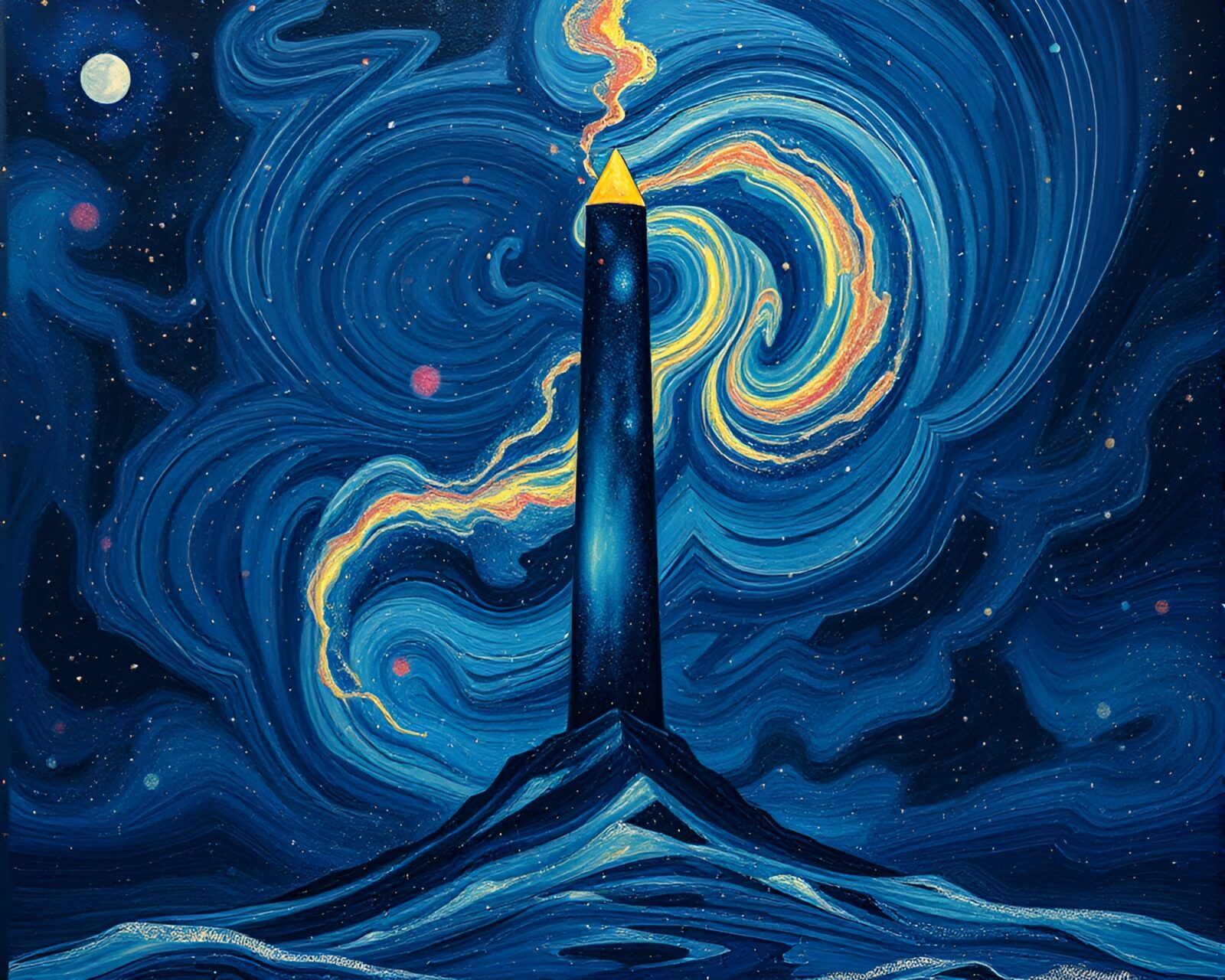 Technical illustration of obelisk splattered with acrylic paint