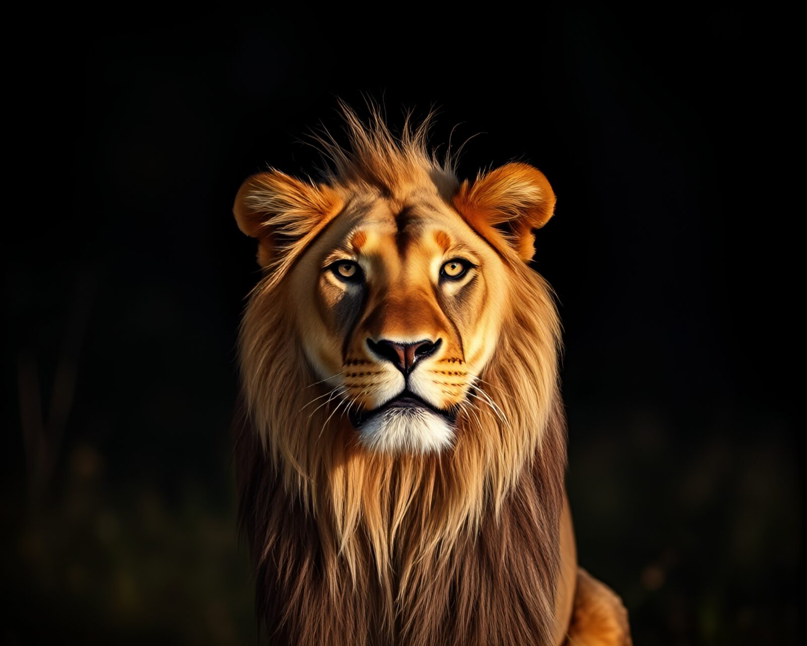 Elegant lion standing amidst vibrant bokeh lights and shadows
