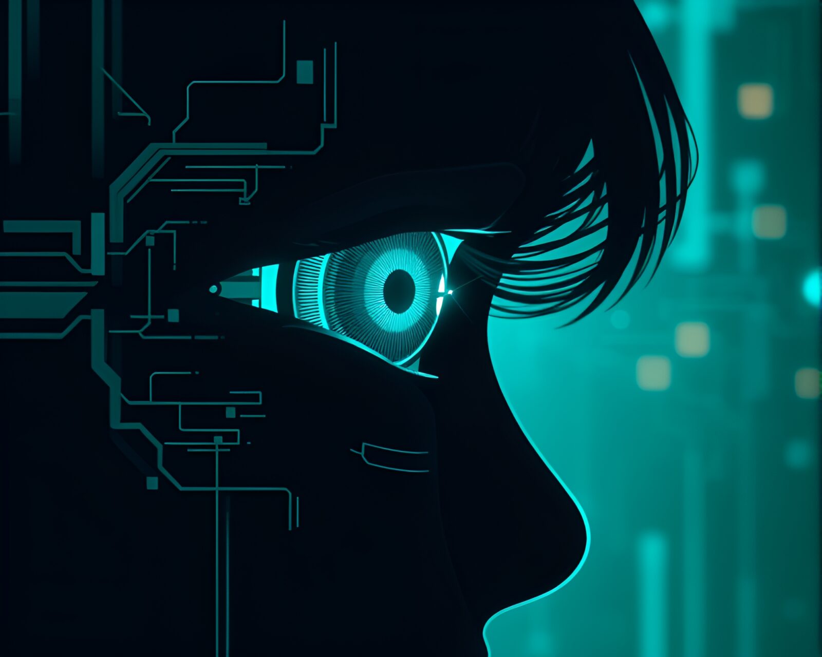Teal-hued silhouette, a cybernetic eye capturing a candid moment