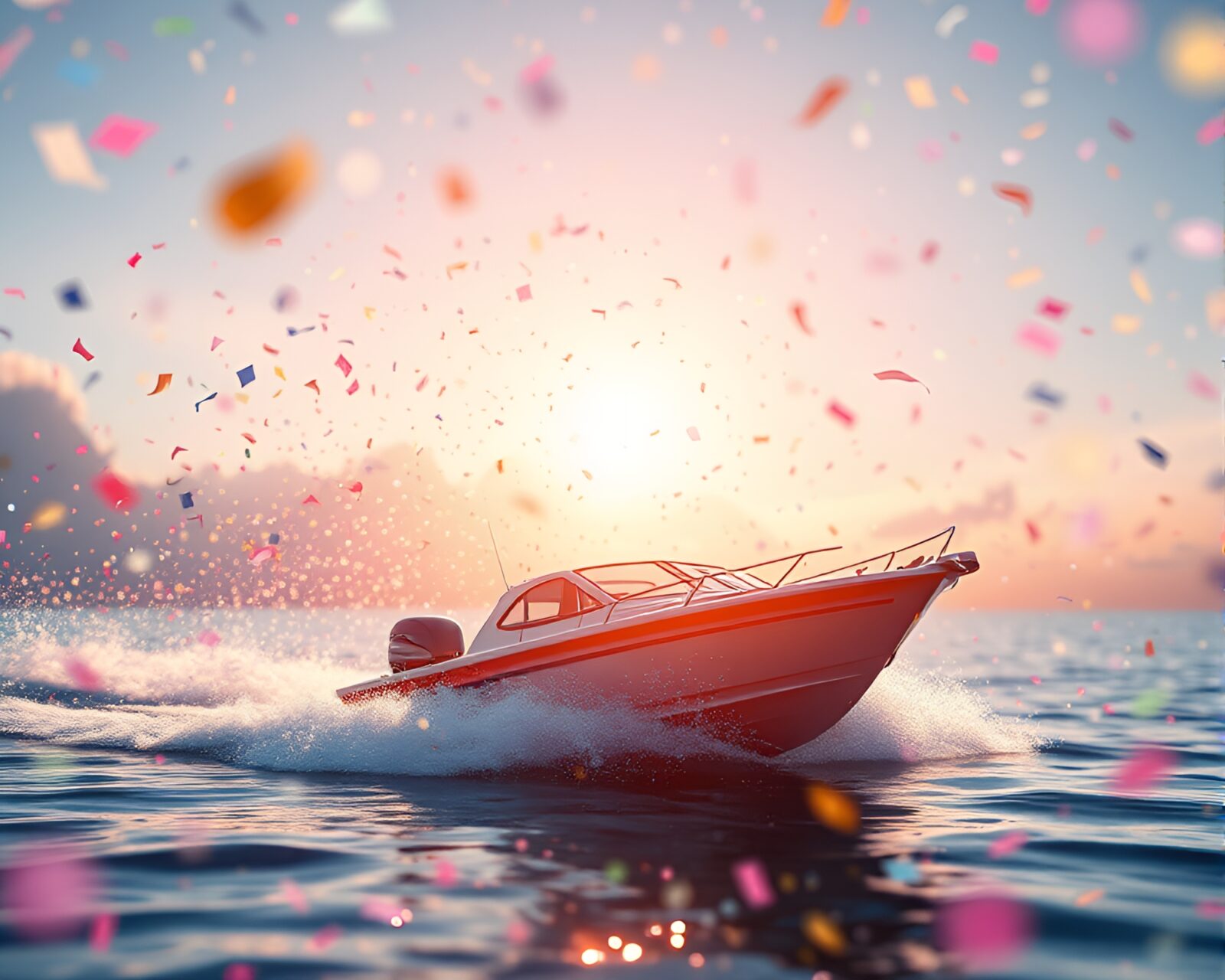 Vibrant CGI-rendered hydrofoil boat among confetti explosion
