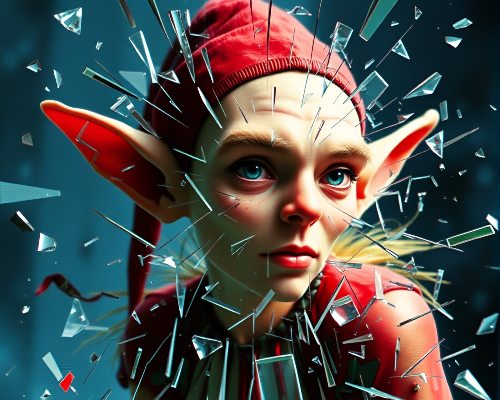 Fantasy elf amidst broken glass with distorted VHS effect