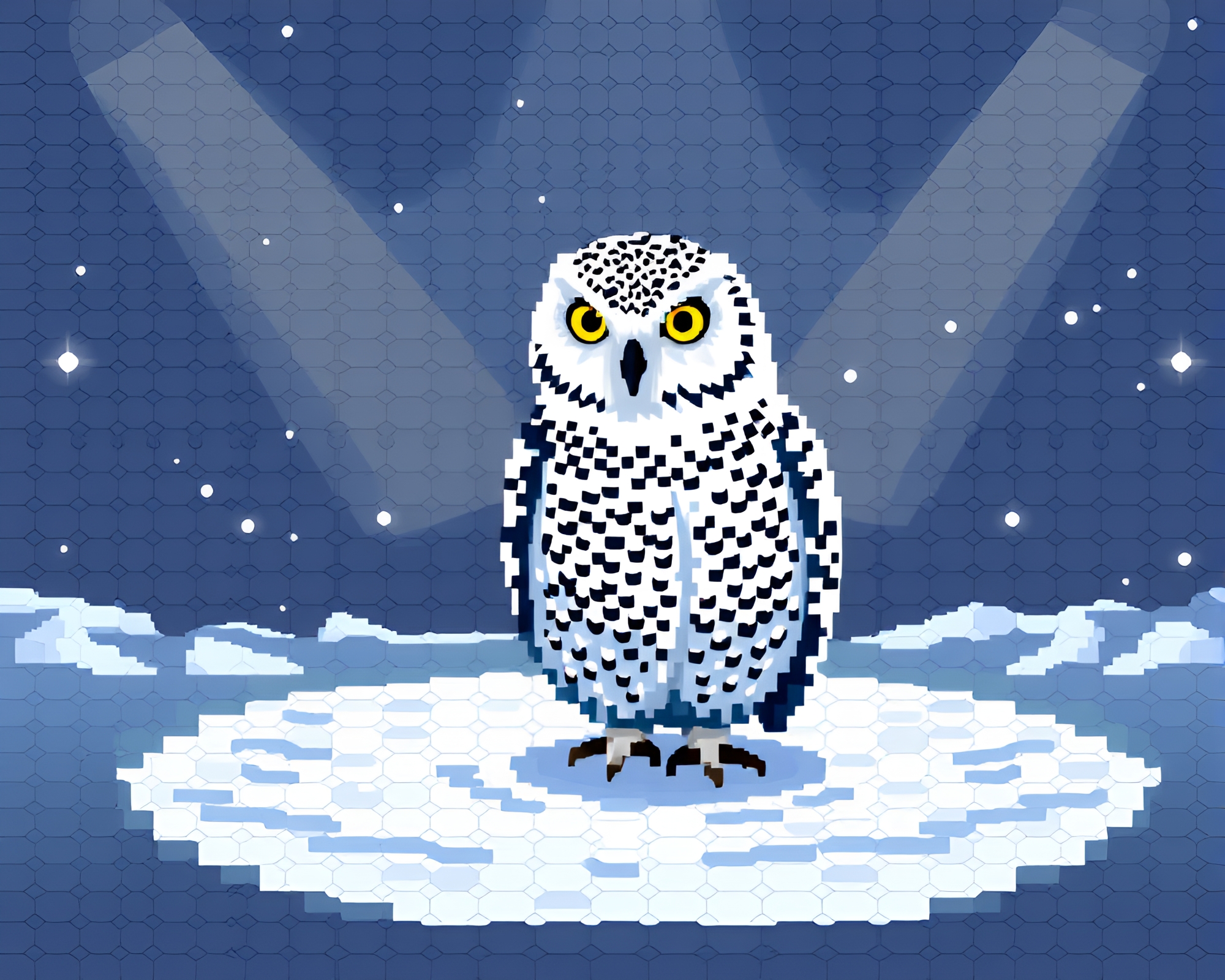 Snowy Owl Pixel Art in Hexagonal Tiling Spotlight – free AI stock image