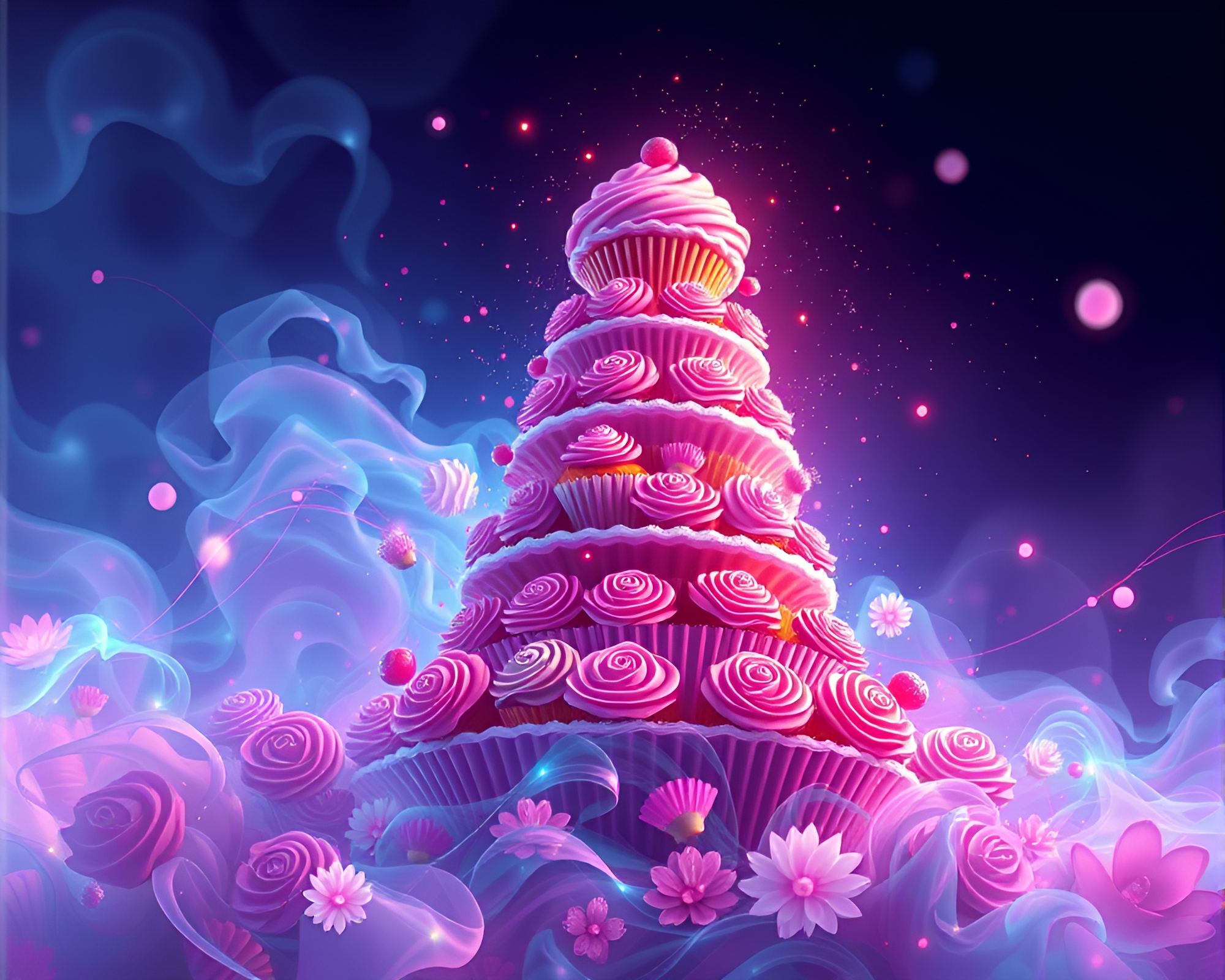 Dynamic Cupcake Tower in Digital Bloom Illustration – free AI stock image