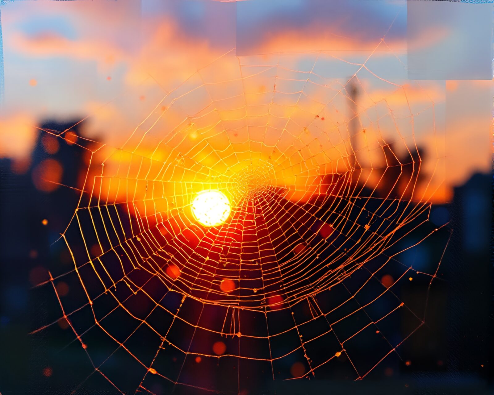 Golden hour sunset with holographic display and cobweb strands