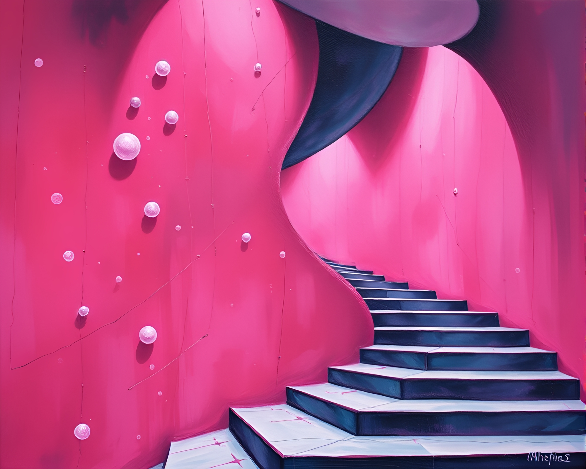 Surreal Staircase: Magenta Particles Dancing – free AI stock image