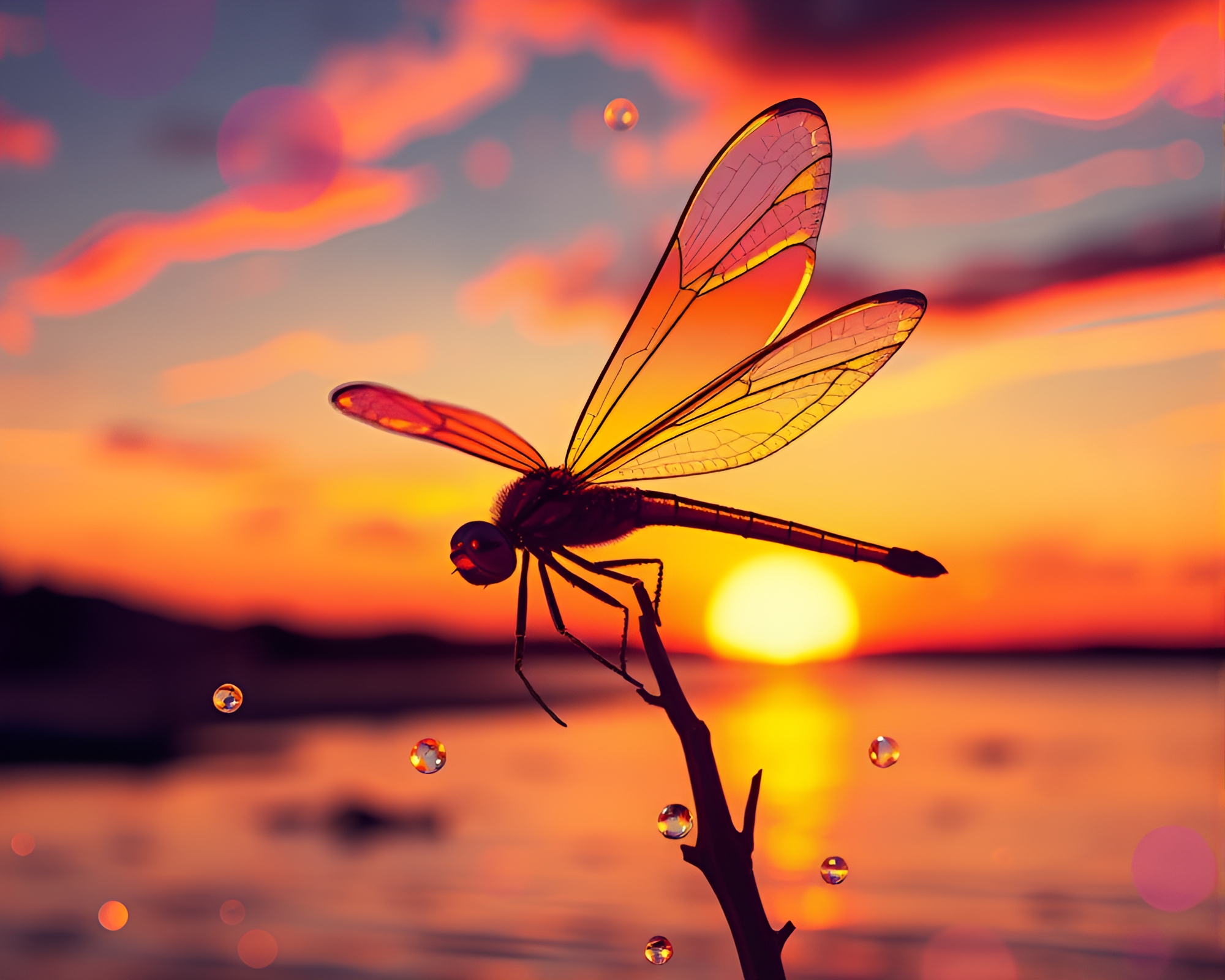 Sunset Dragonfly in Cartoon Glass Distortion – free AI stock image