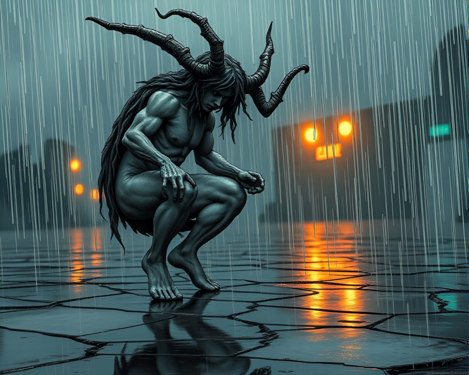 A manga-style satyr standing on rain-soaked cracked earth
