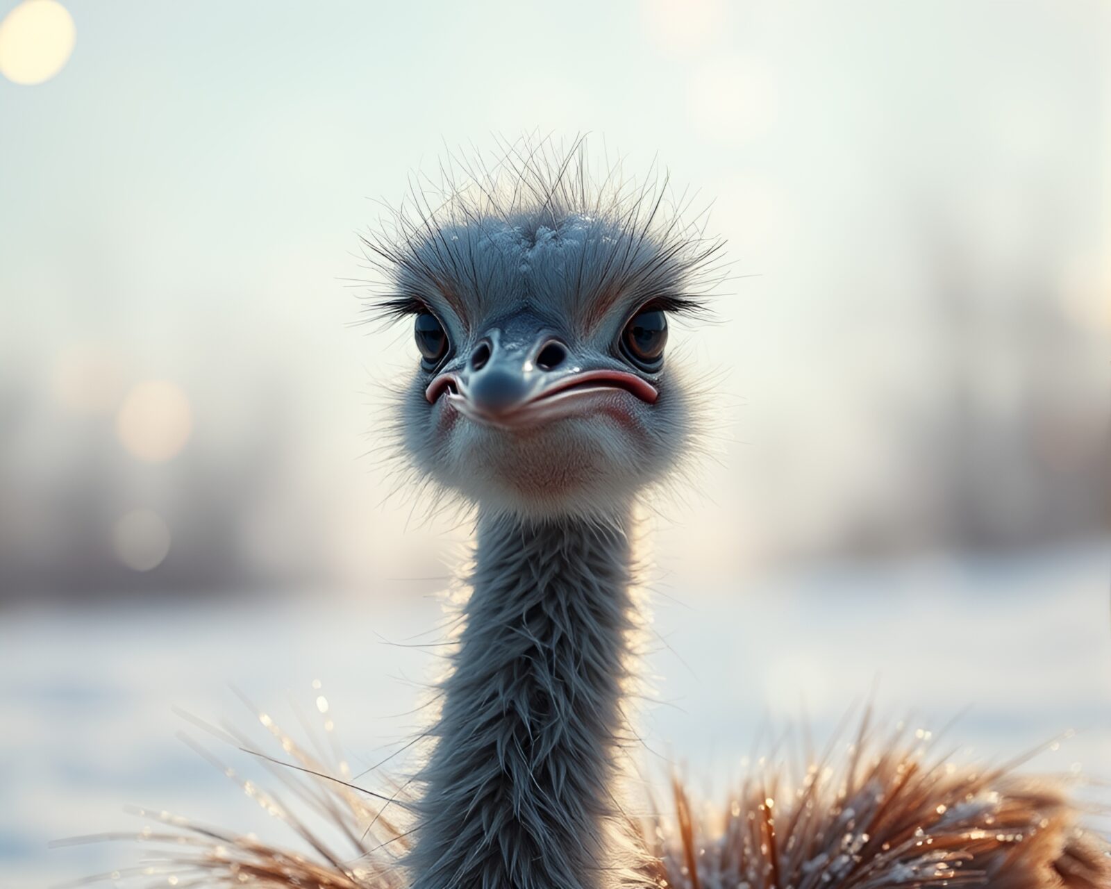 Majestic ostrich enveloped in shimmering soap film with snowy glow