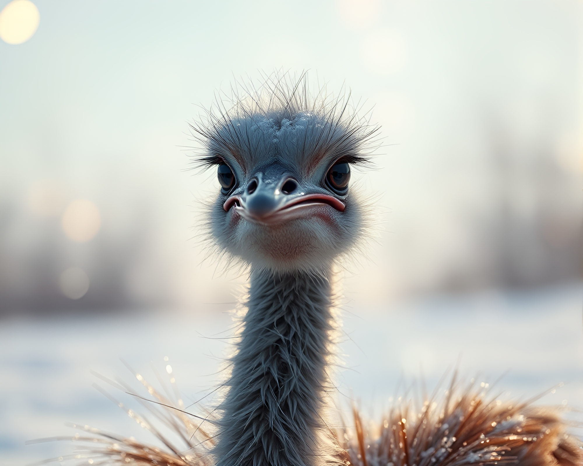 Iridescent Soap Bubble Ostrich in Snowy Vignette – free AI stock image