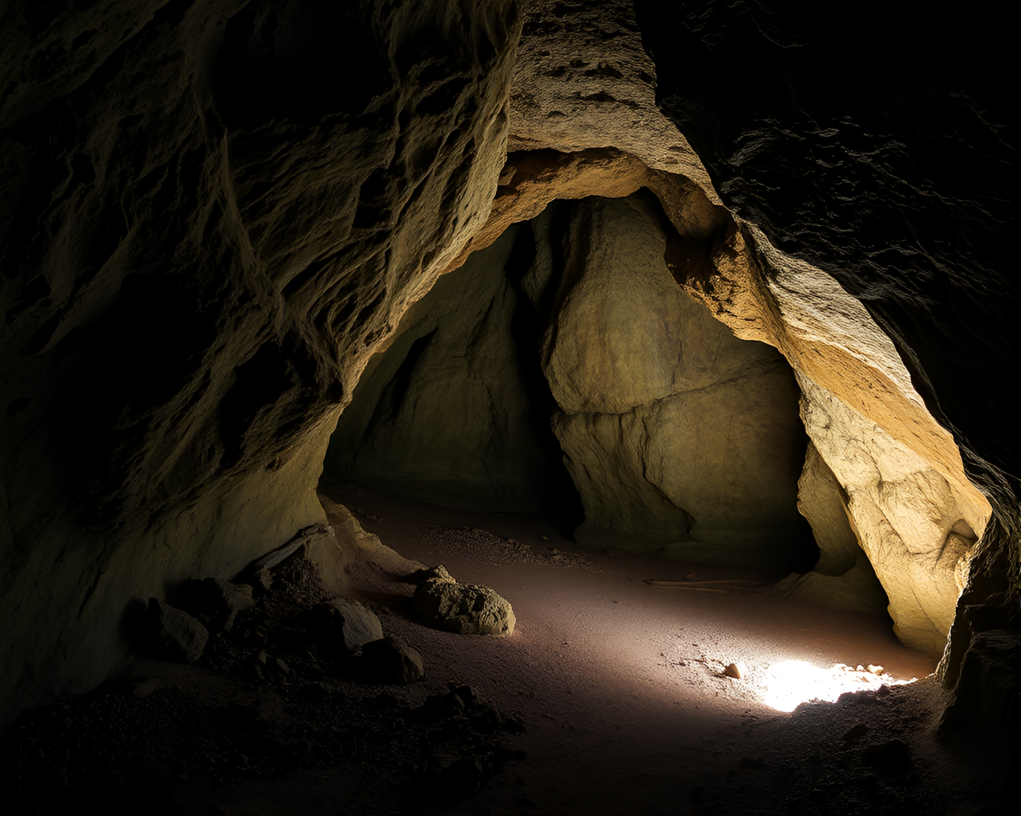 Eerie Cavern with Dramatic Dutch Angle Lighting – free AI stock image