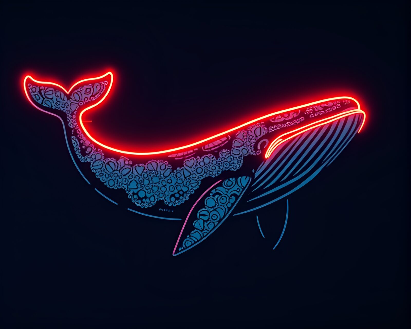 Vibrant linocut texture art of a neon whale underwater