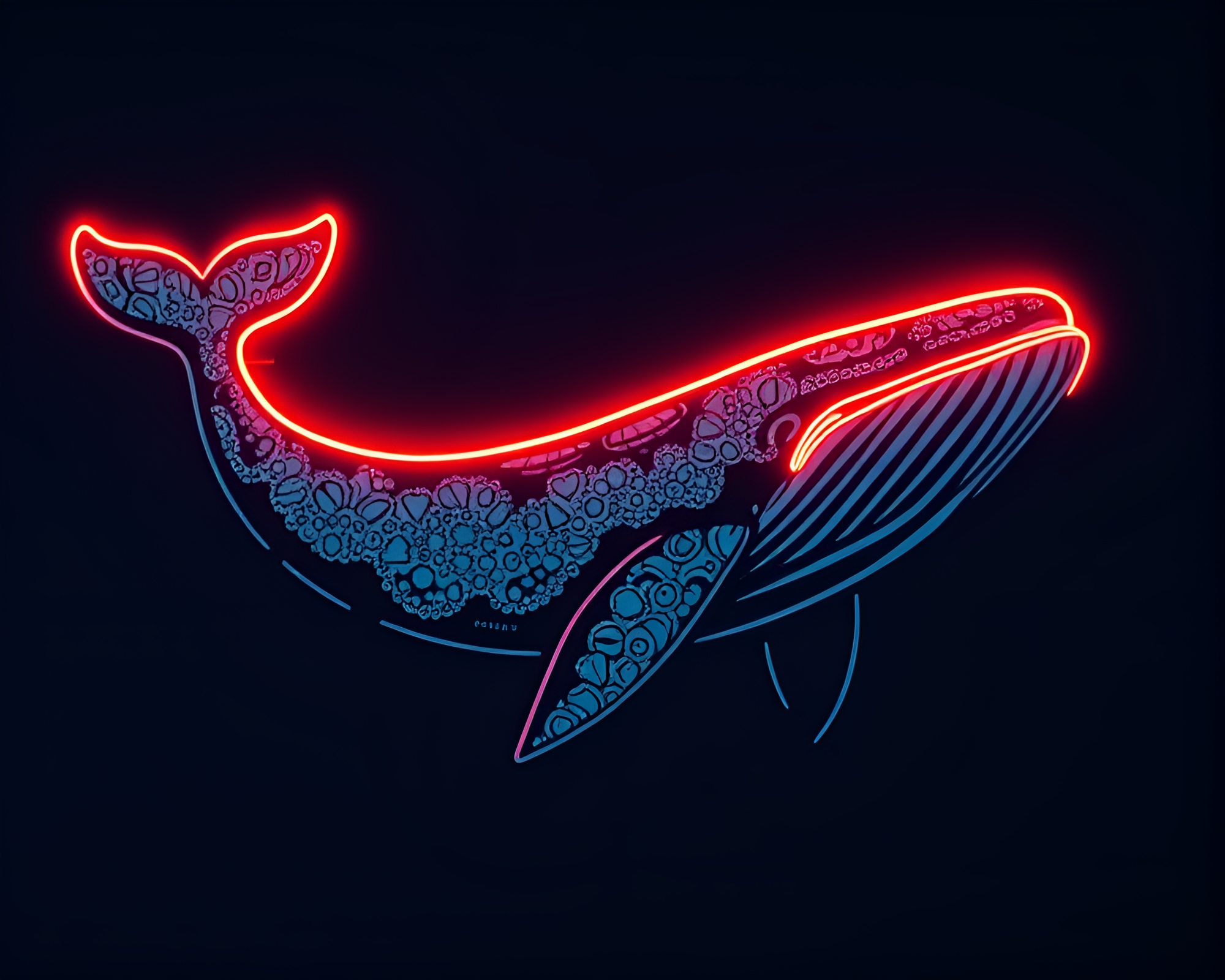 Glowing Neon Whale Linocut Textures Composition – free AI stock image