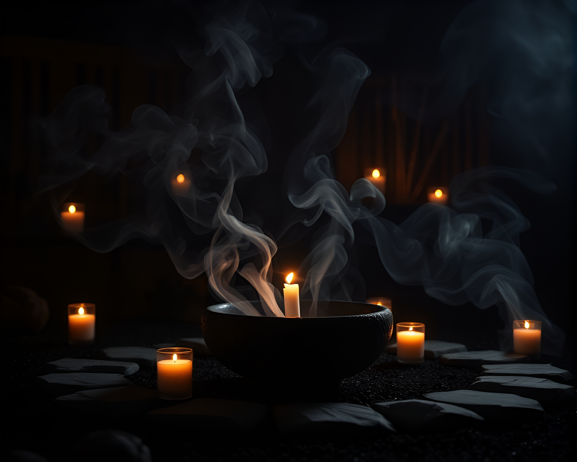 Zen Garden Smoke Rings in Candlelit Chiaroscuro – free AI stock image