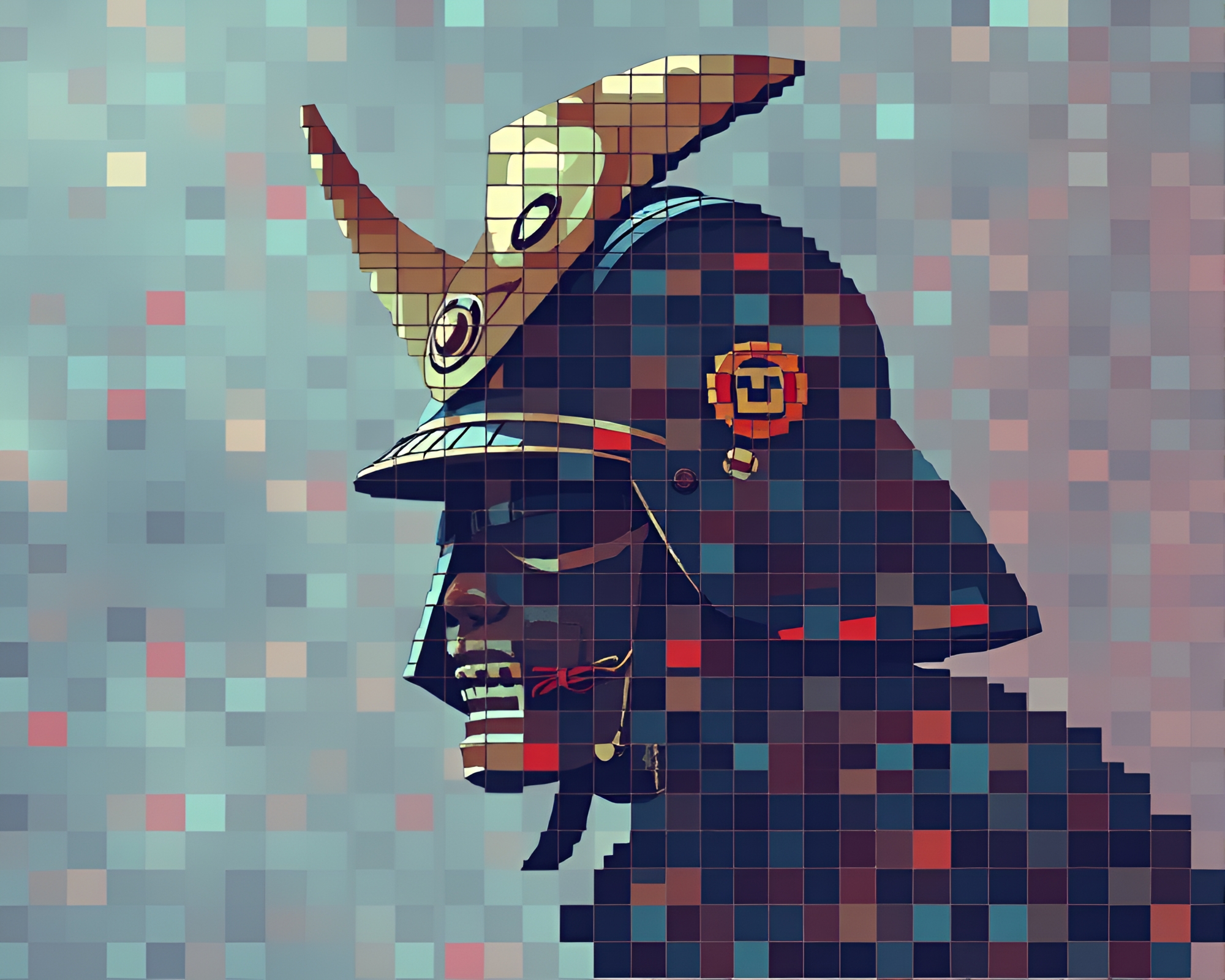Samurai Helmet Mosaic Tiling in 8-Bit Style – free AI stock image