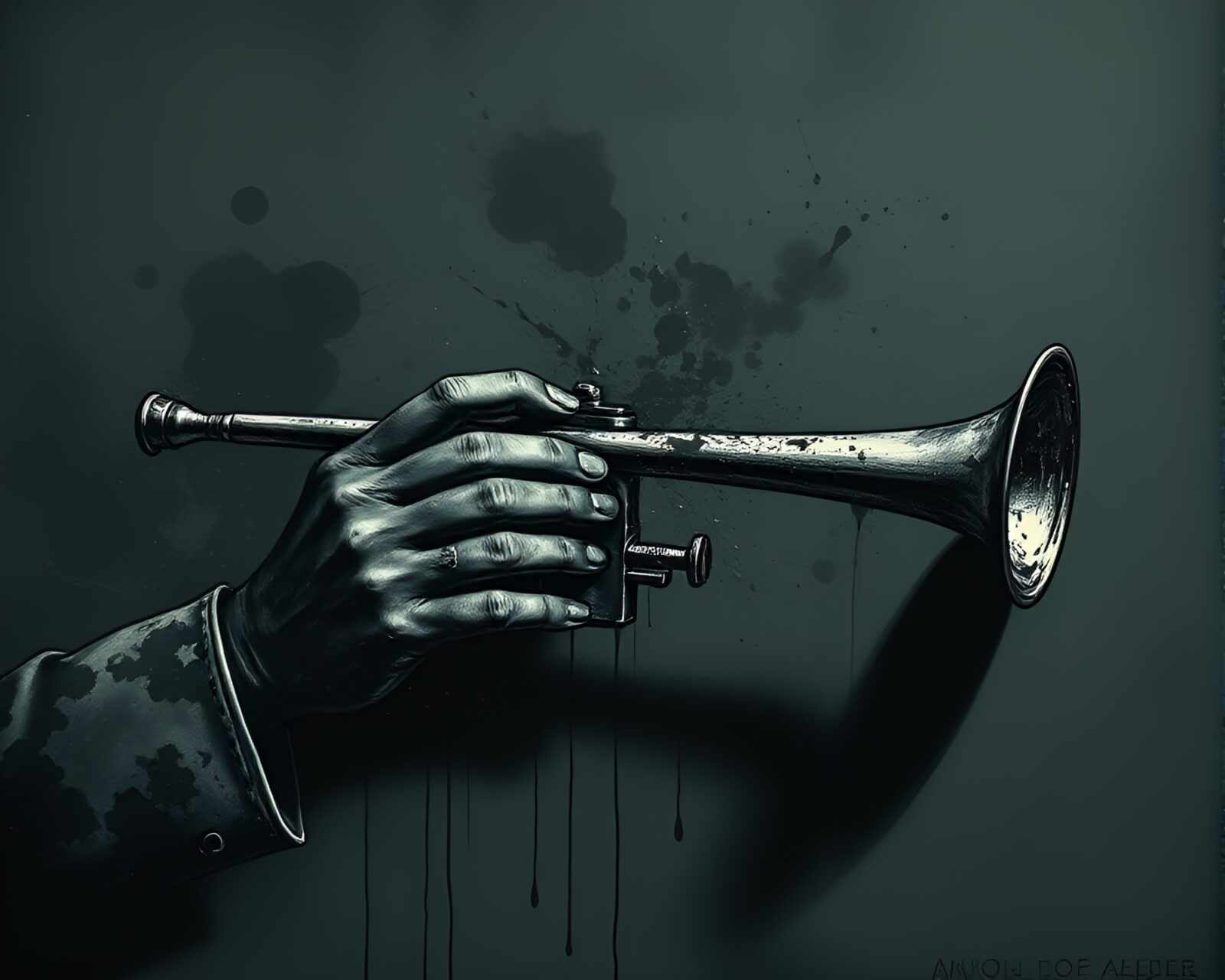 Intricate trumpet engraved with splatter art design in shadows.