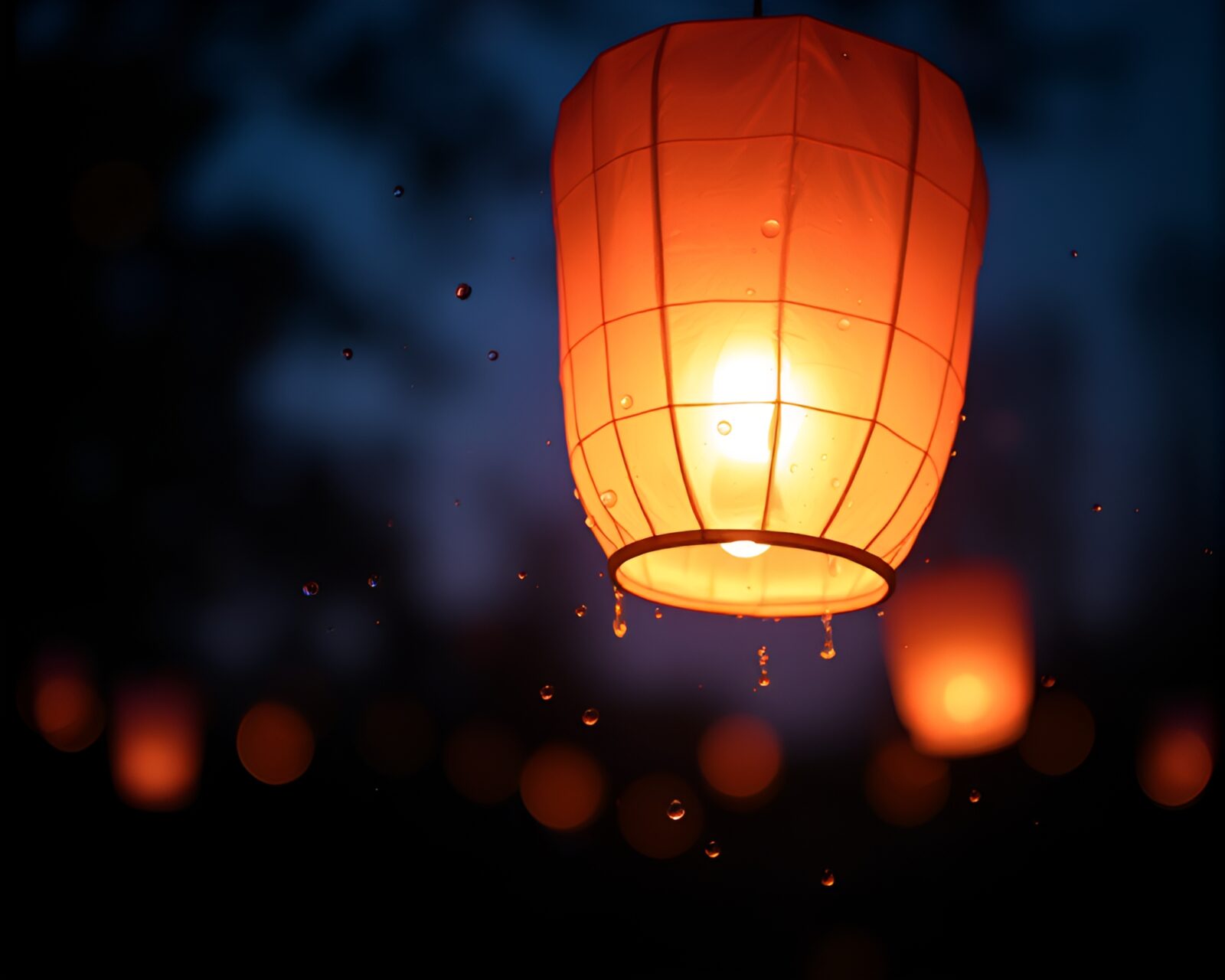 Digital dusk double exposure of paper lanterns with water droplets