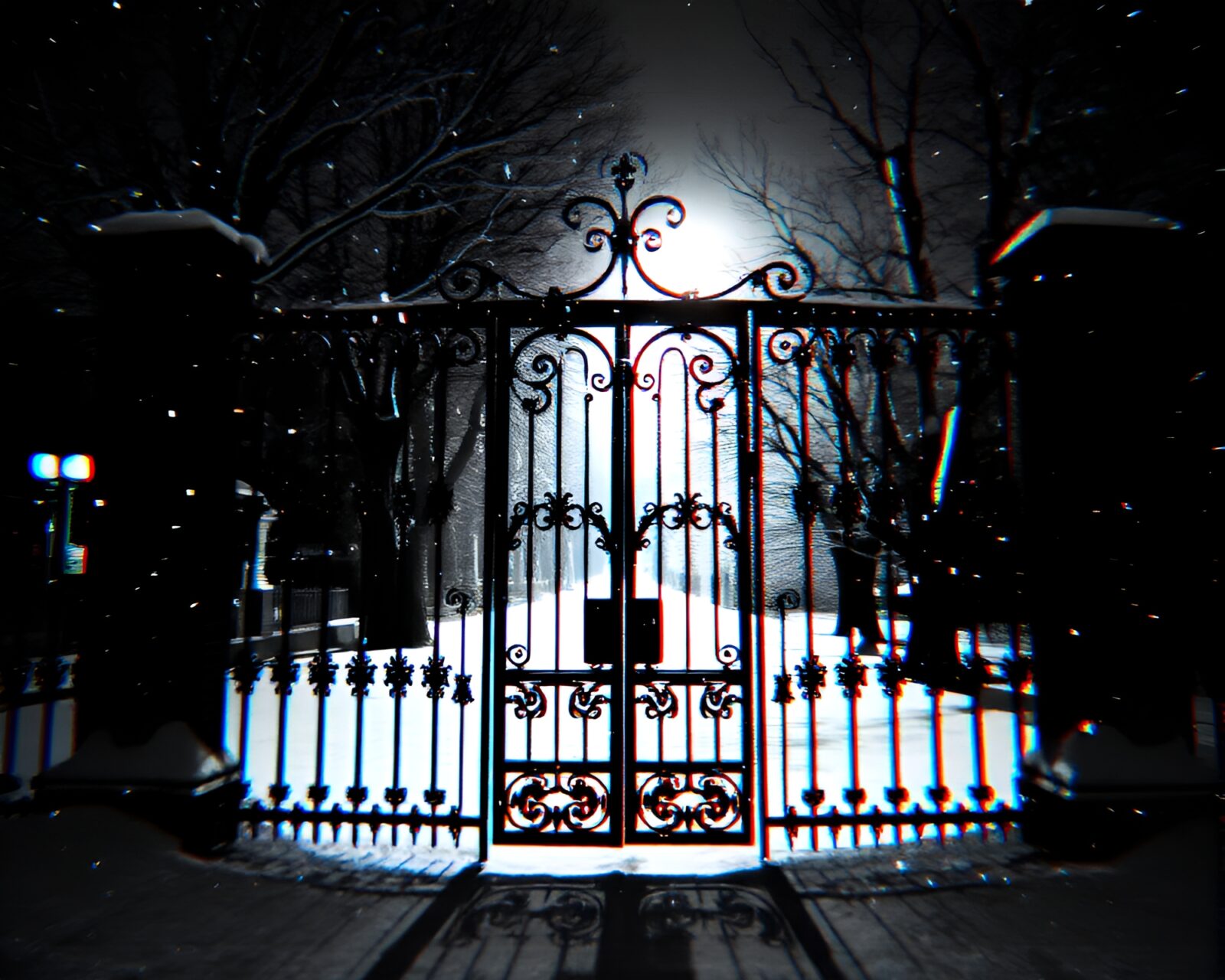 Duotone image of ornate gate covered in snow glitching