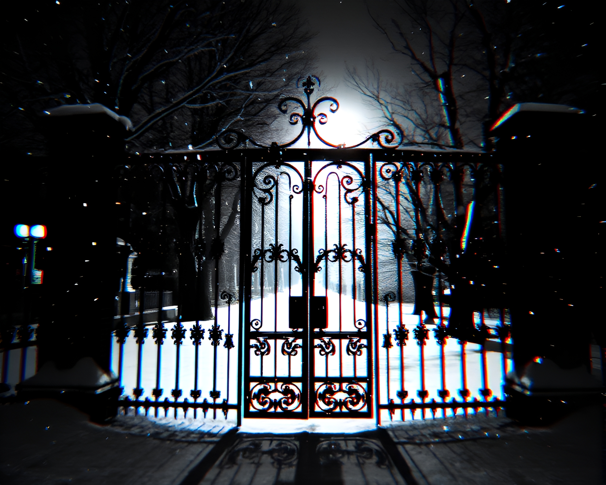 Glitch Artifacts on Snow-Kissed Wrought Iron Gate – free AI stock image