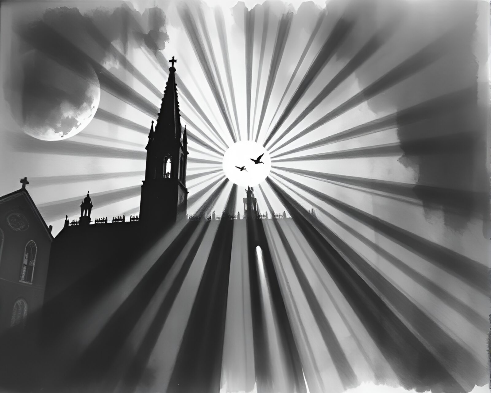 Eerie cathedral interior illuminated by dynamic sunbeam rays