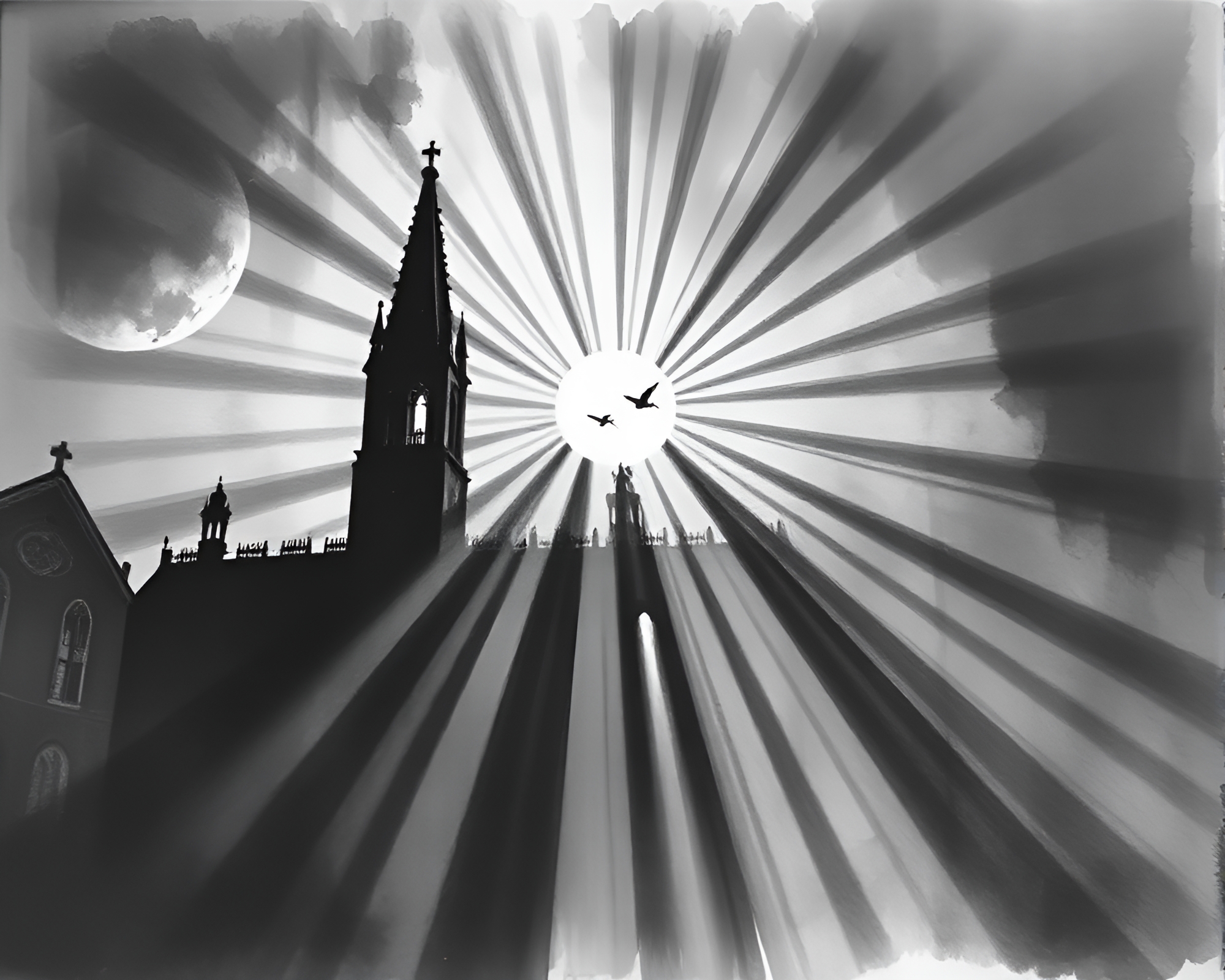 Gothic Horror Cathedral Bathed in Sunbeam Rays – free AI stock image
