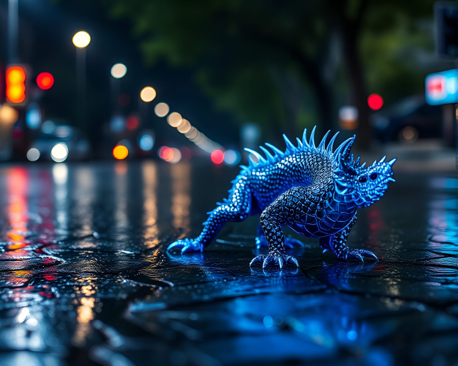 Fantasy dragon silhouette against shimmering wet pavement