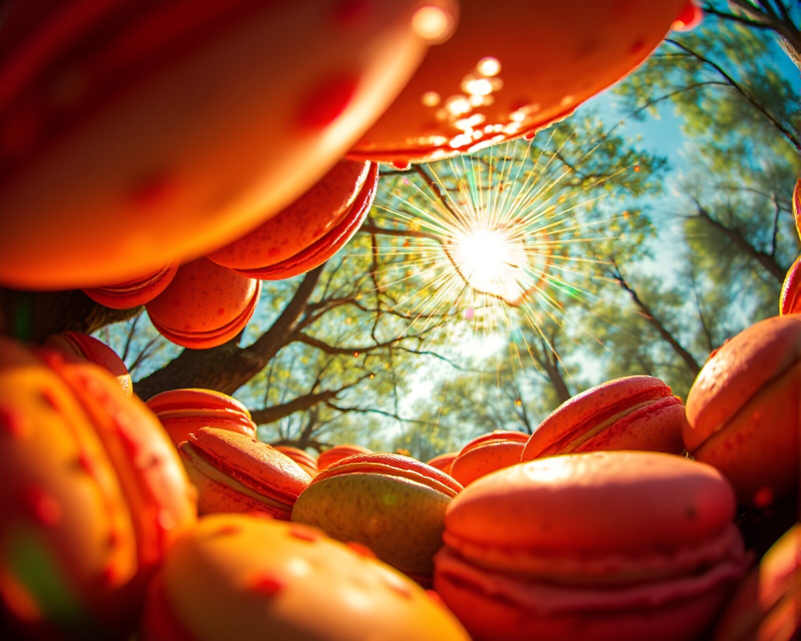 Colorful macarons in an impressionist style with lens flare