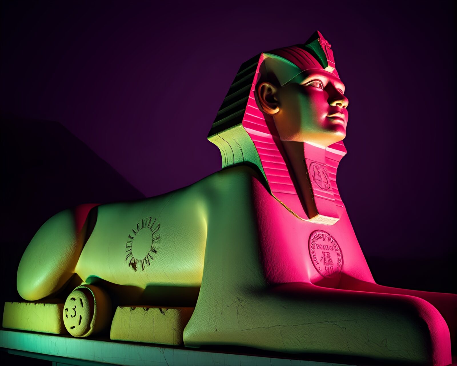 Eerie neon-lit Sphinx statue casting sharp shadows on torn background