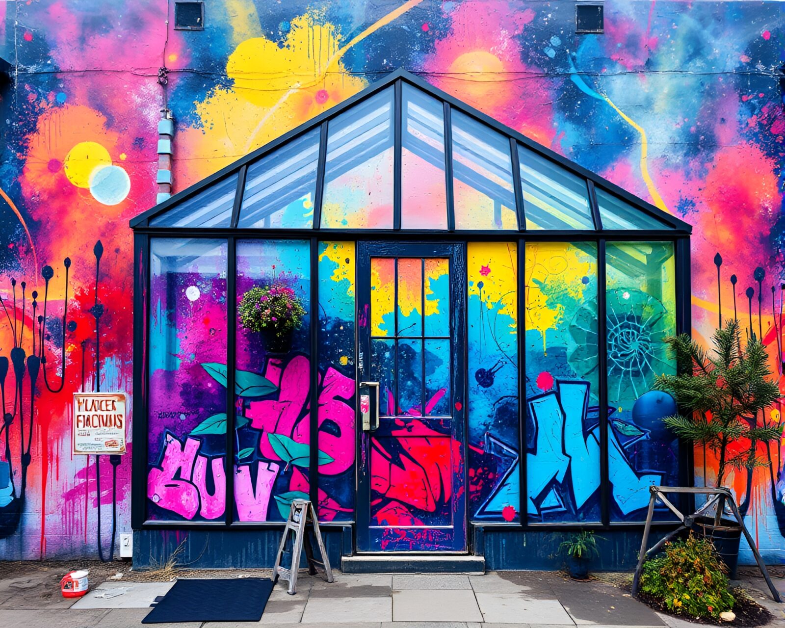 Colorful cosmic mural of a glass greenhouse with splatter art