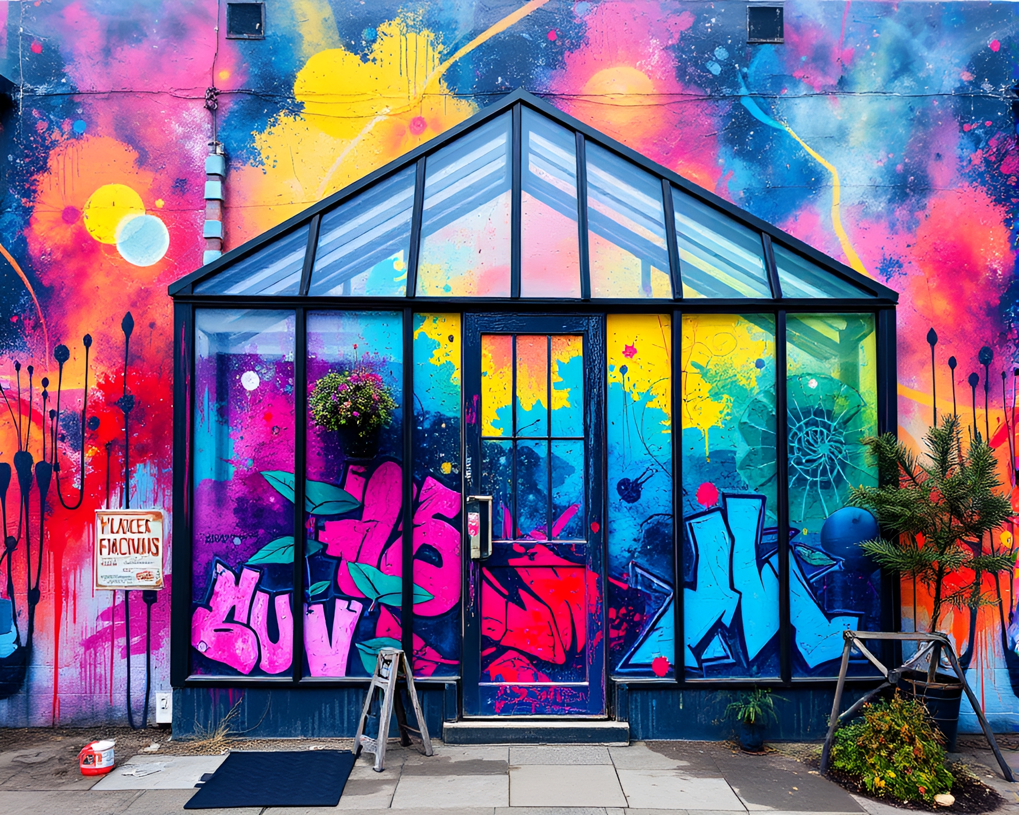 Galactic Glass Greenhouse Splatter Art Mural – free AI stock image