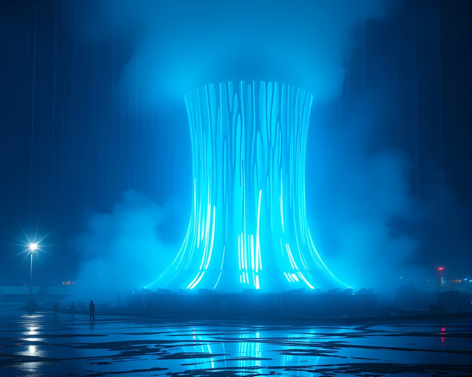 Abstract depiction of a glowing reactor with swirling blue hues