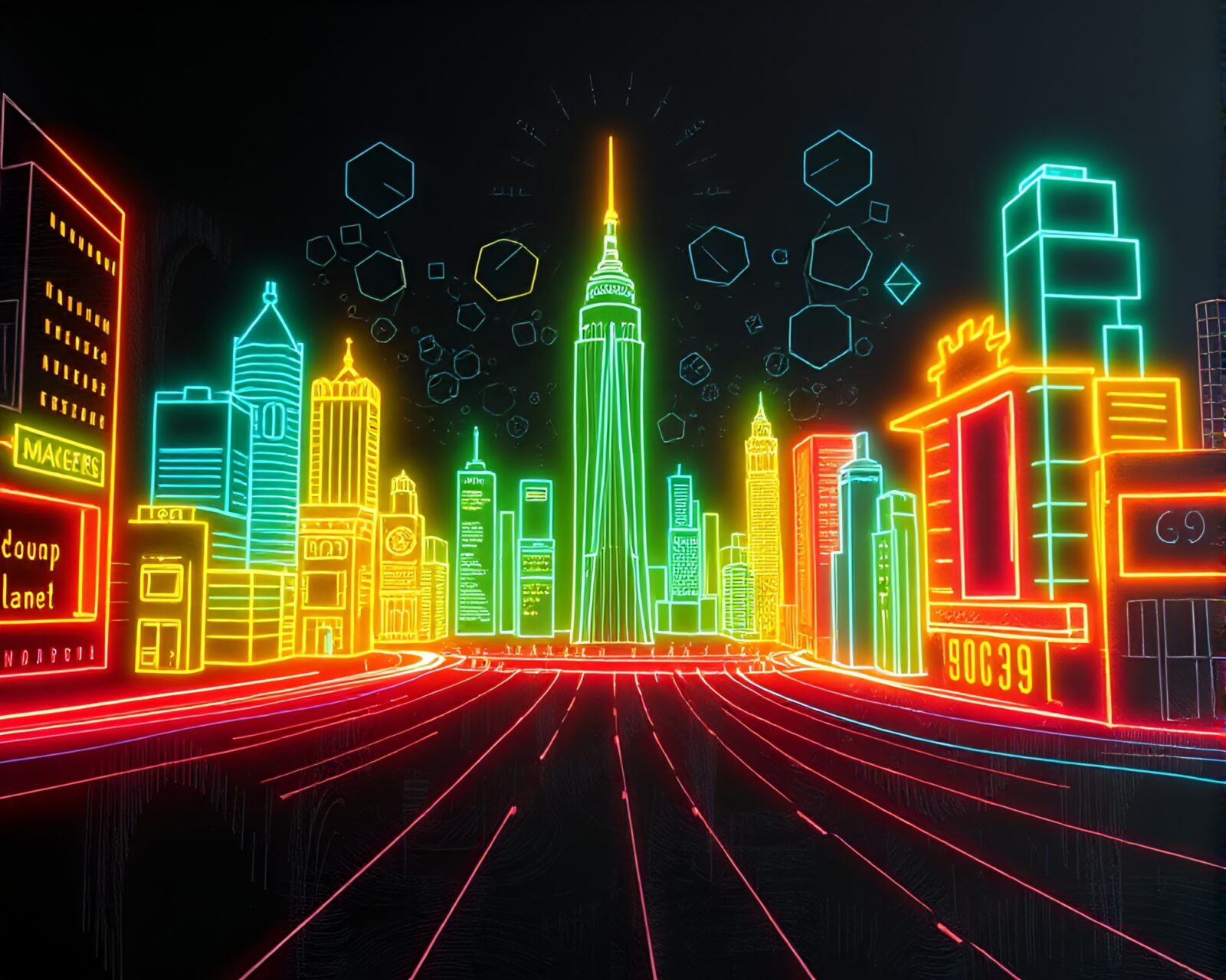 Glowing 3D printer in neon cityscape outlined in chalk
