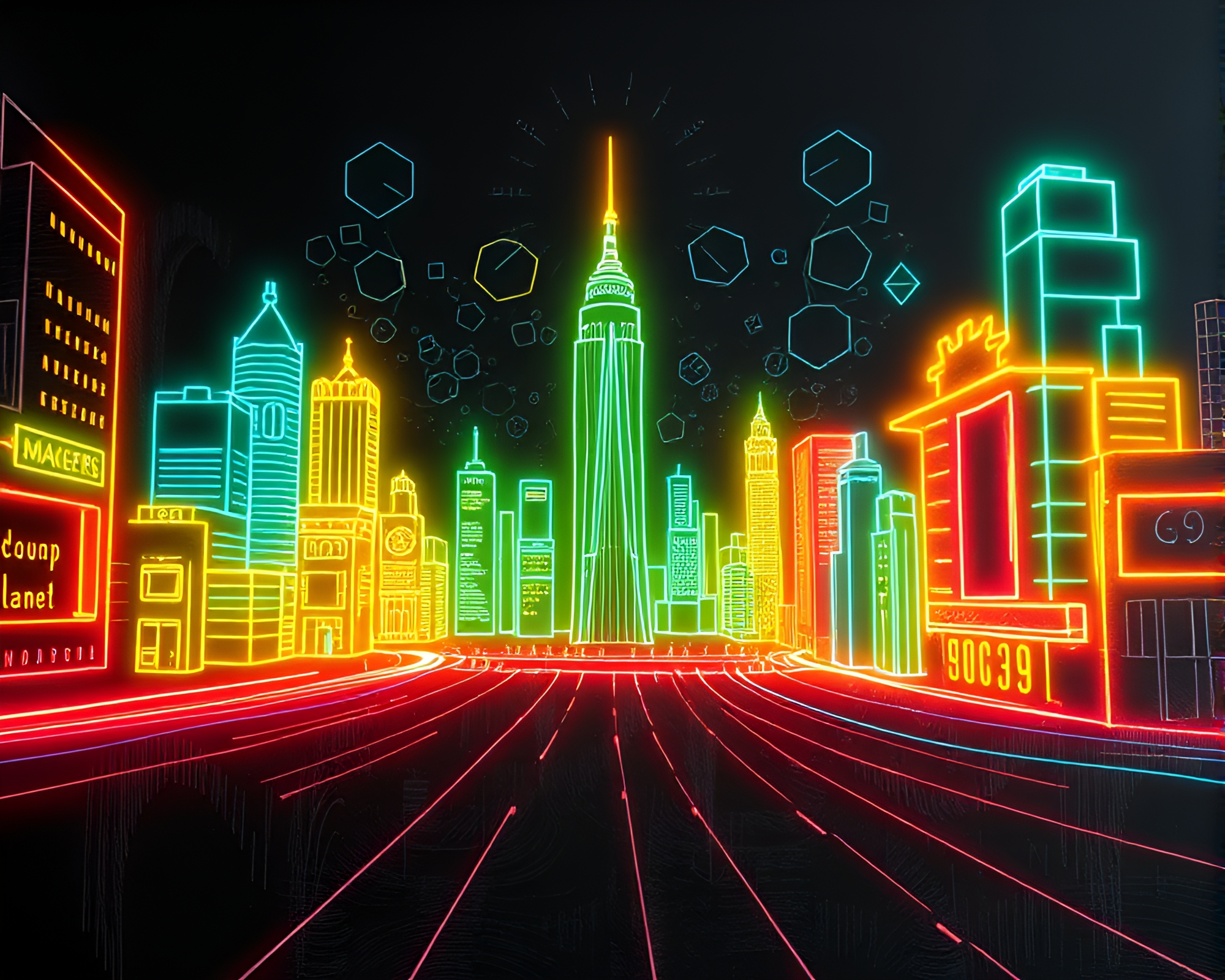 Neon bio-printer: wireframe cityscape chalk art – free AI stock image