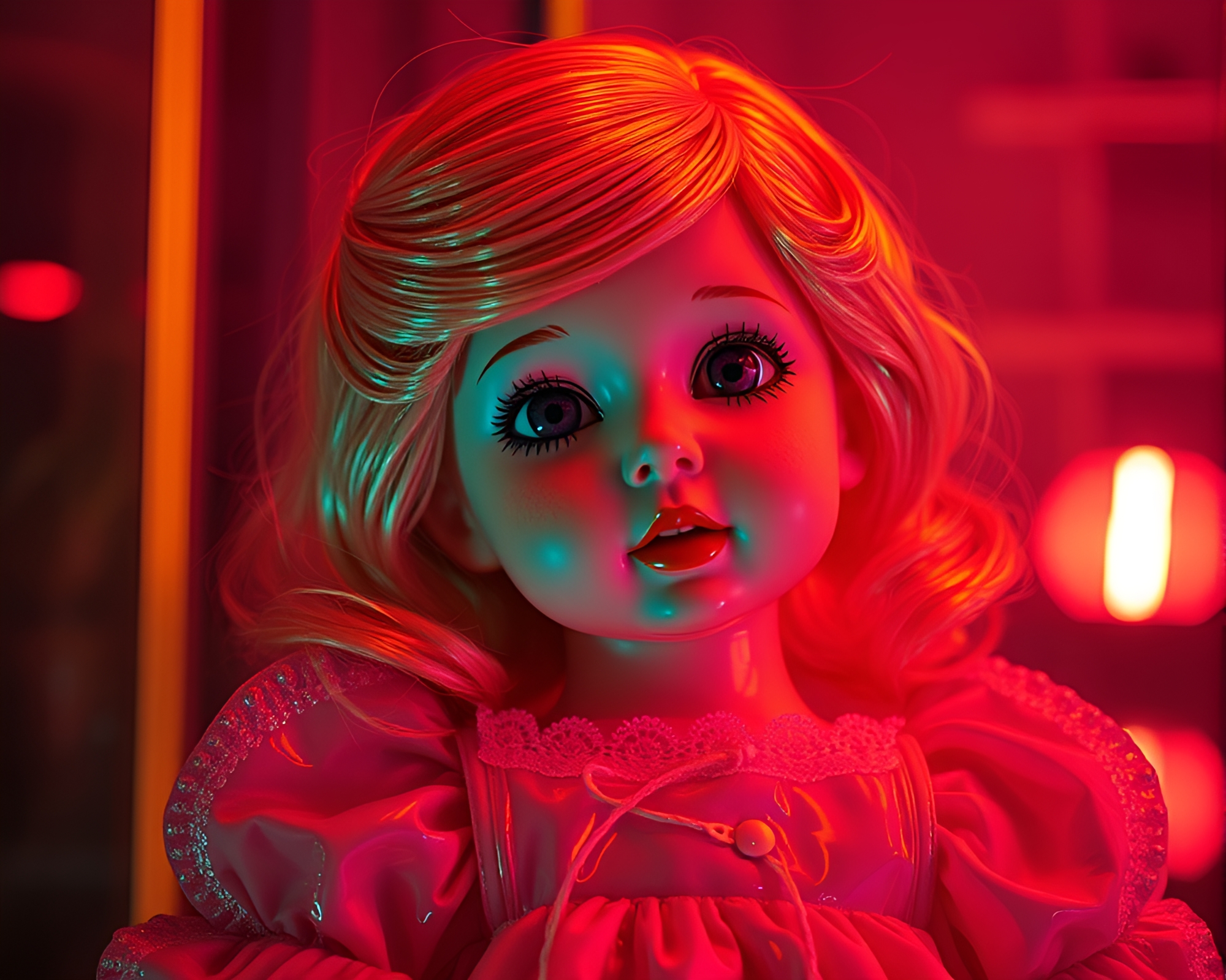 Neon Reflections: Porcelain Doll in Copper Tones – free AI stock image