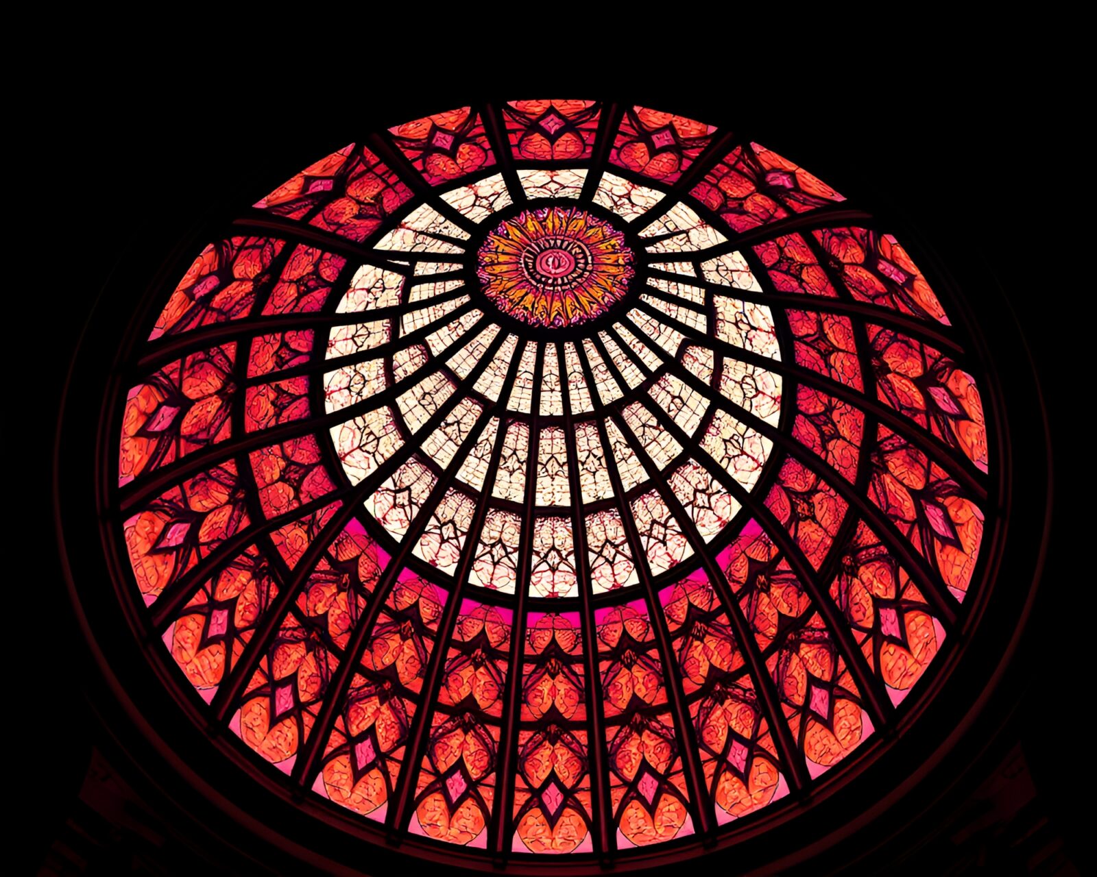 Dynamic halftone-patterned stained glass dome in vibrant colors