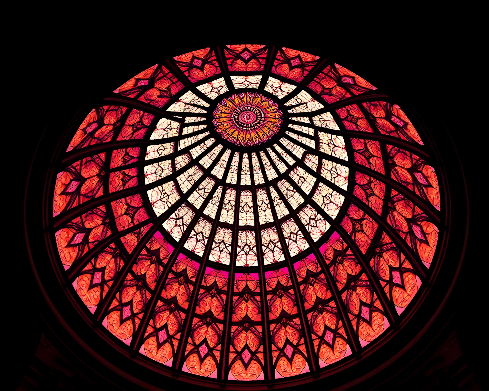 Halftone Grid Stained Glass Dome with Cross-processed Aesthetics – free AI stock image