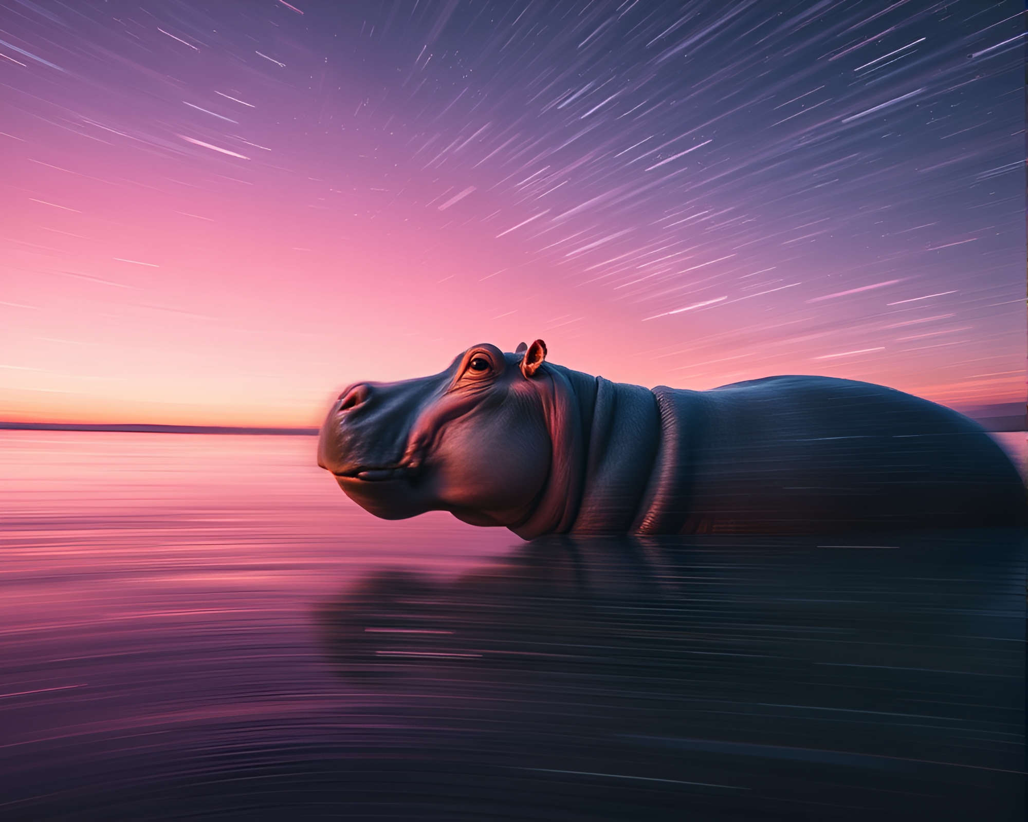 Hippopotamus in Surreal Starlit Motion Blur Streaks – free AI stock image