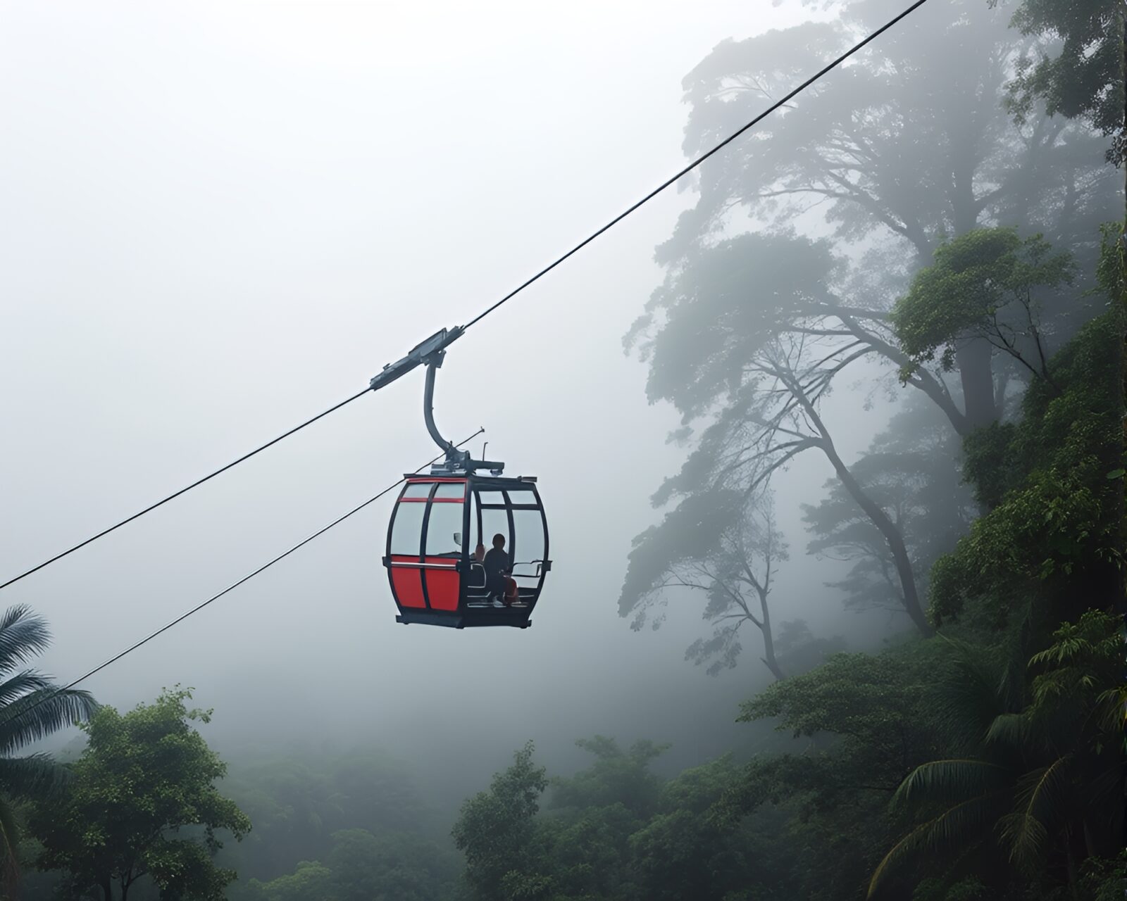 Colorful pop art illustration of gondola lift in jungle mist