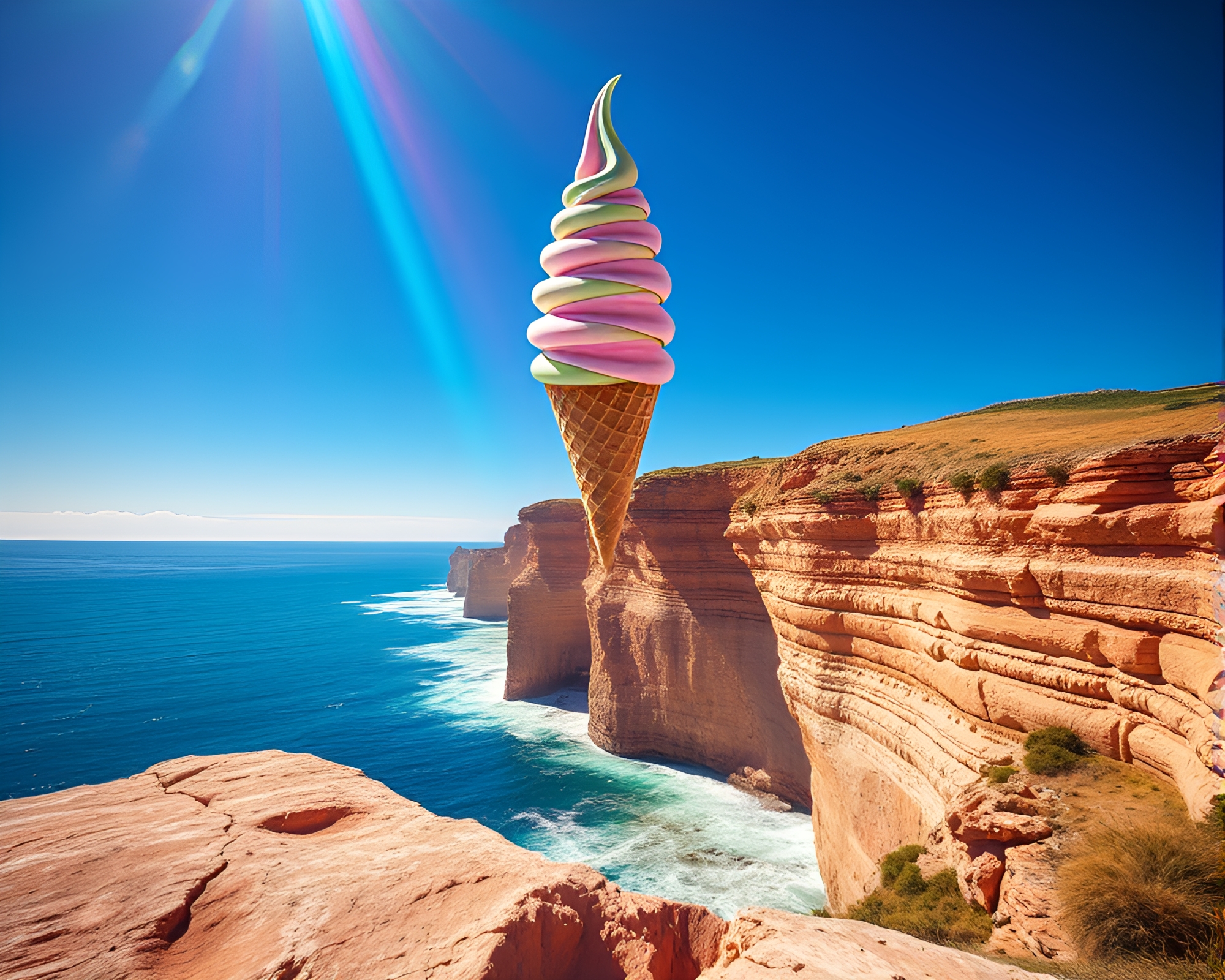 Geometric Gelato Rainbow on Cliffside Oasis – free AI stock image