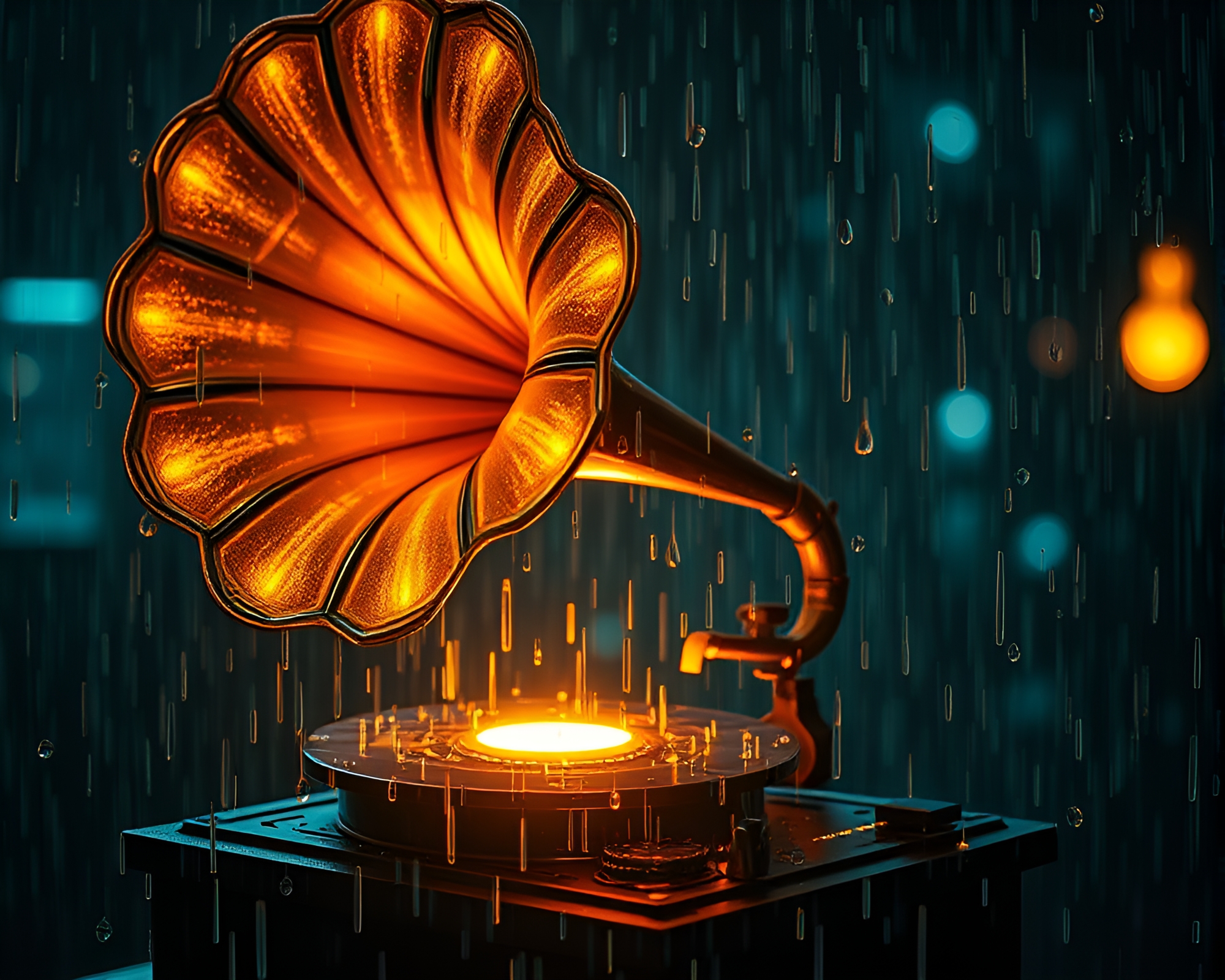Steampunk Gramophone in Torchlit Rain Droplets – free AI stock image