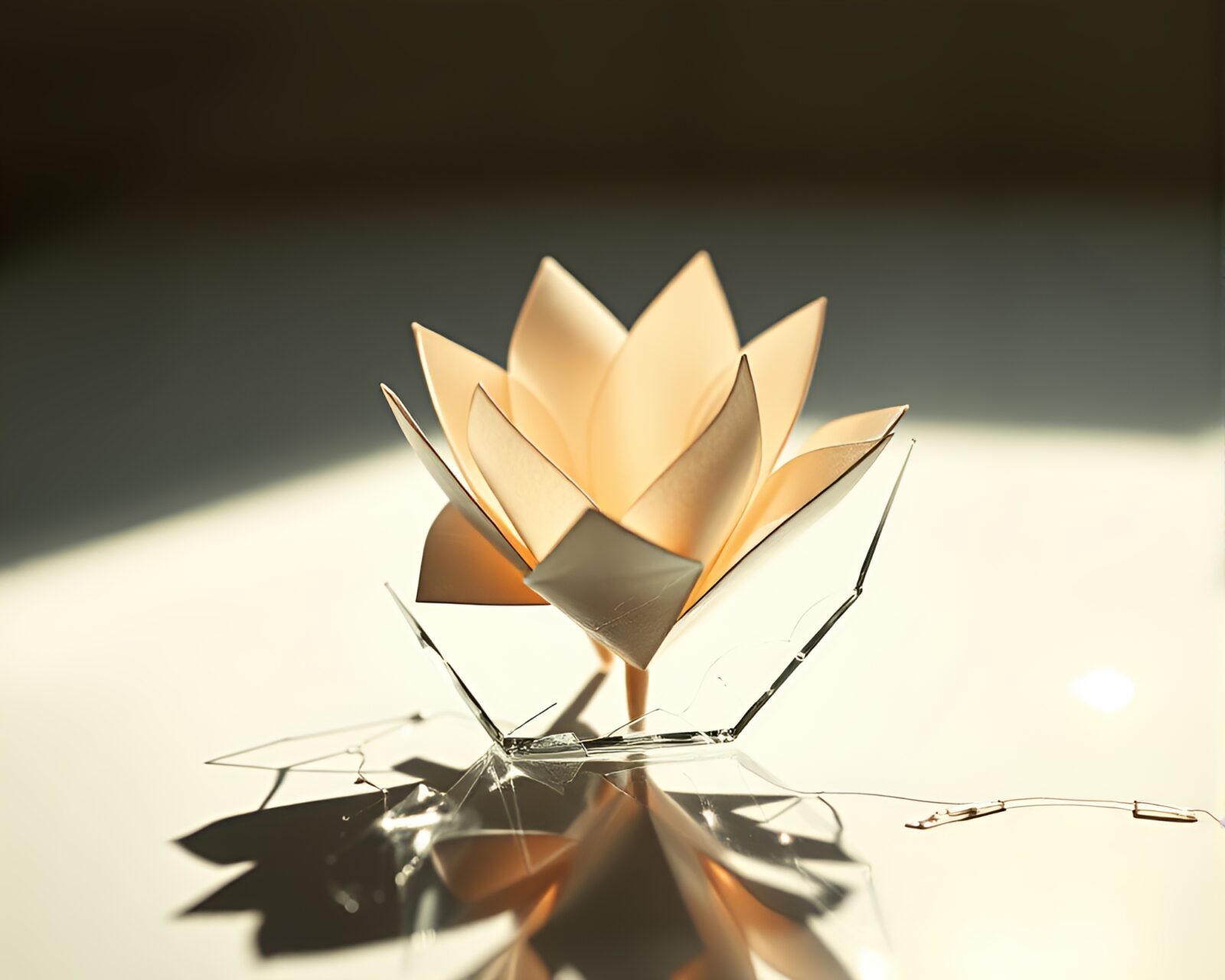 Illustration of off-white warmth with shattered glass and paper blooms